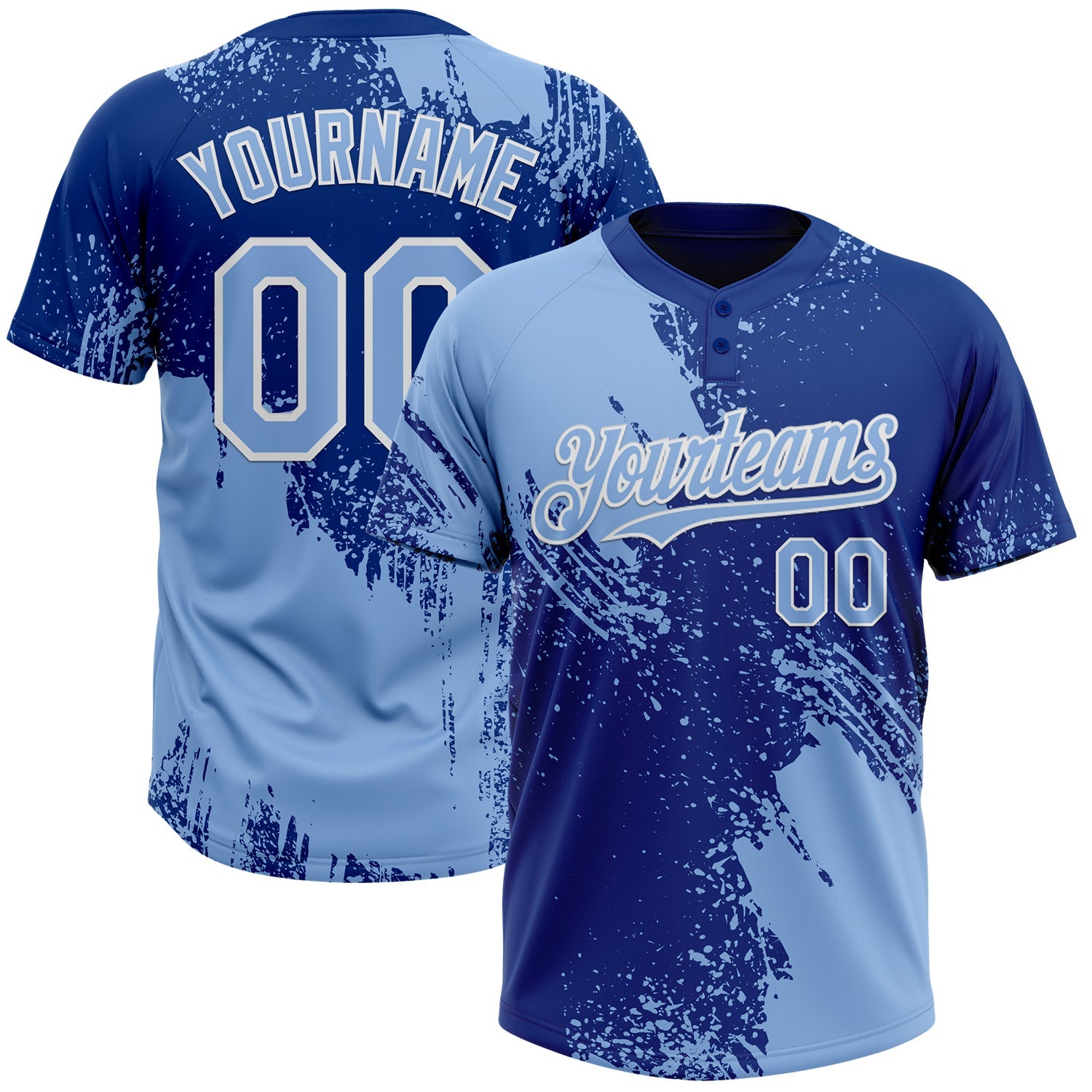 Custom Light Blue Royal-White 3D Pattern Abstract Brush Stroke Two-Button Unisex Softball Jersey - Main View