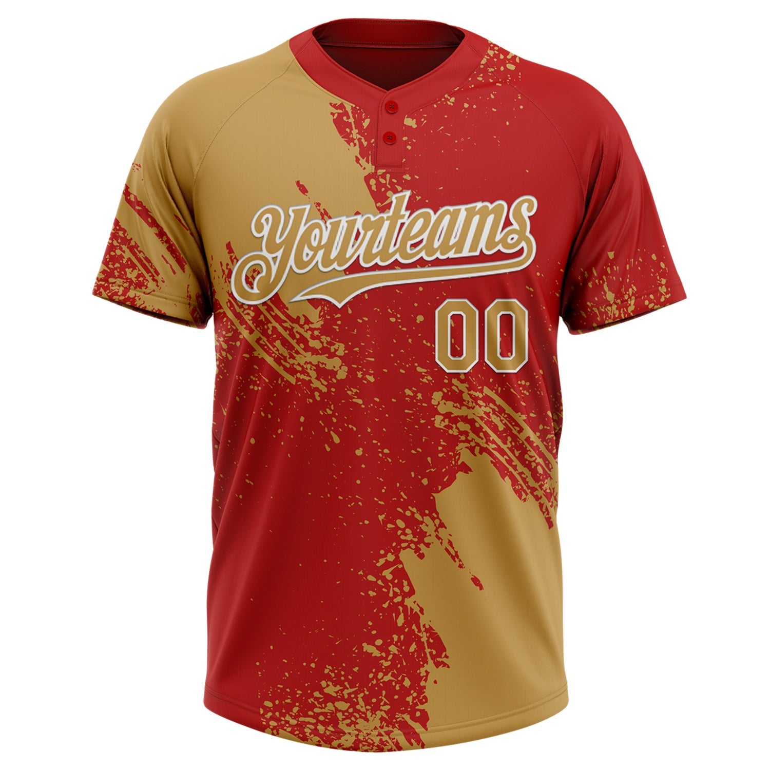Custom Old Gold Red-White 3D Pattern Abstract Brush Stroke Two-Button Unisex Softball Jersey view 2