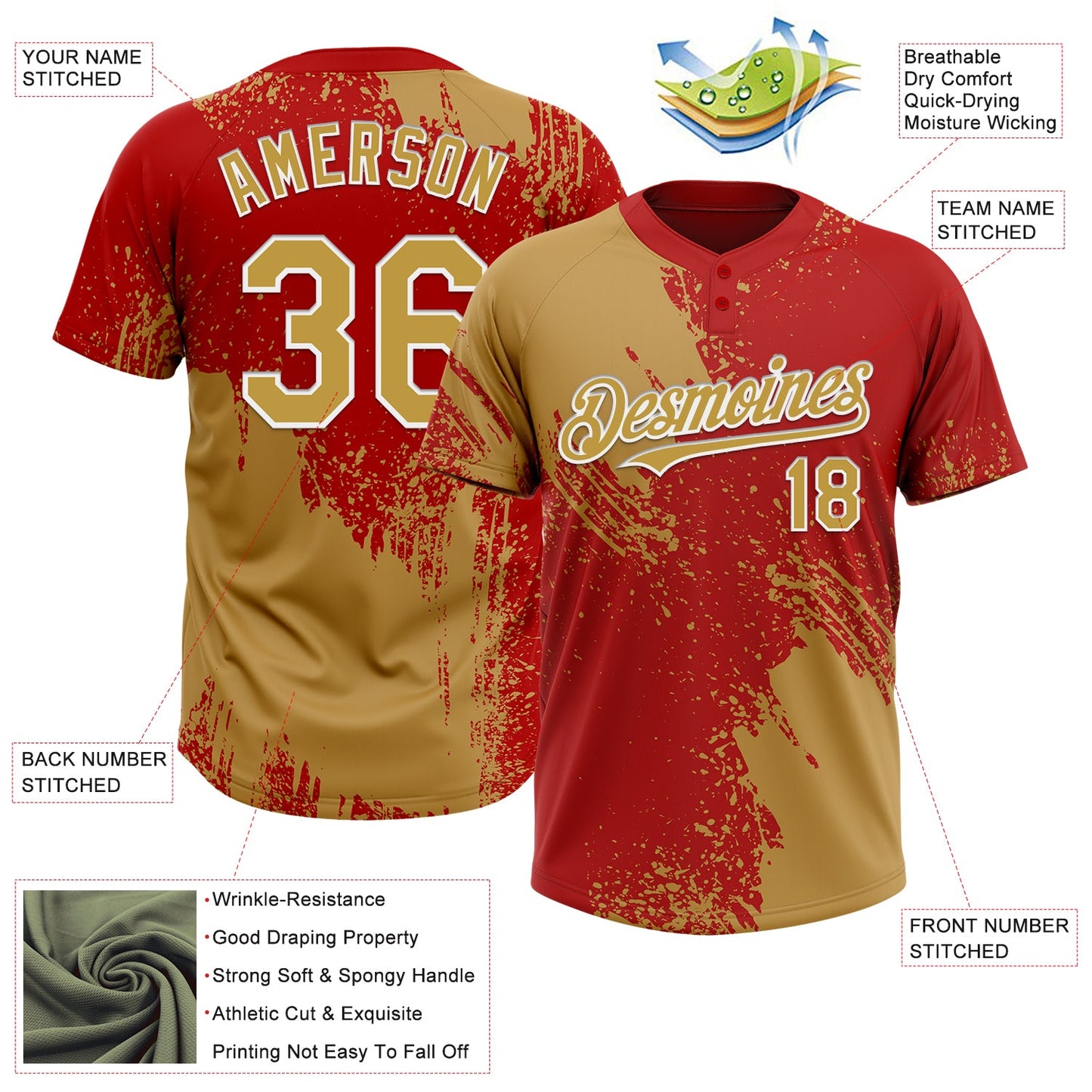 Custom Old Gold Red-White 3D Pattern Abstract Brush Stroke Two-Button Unisex Softball Jersey view 3