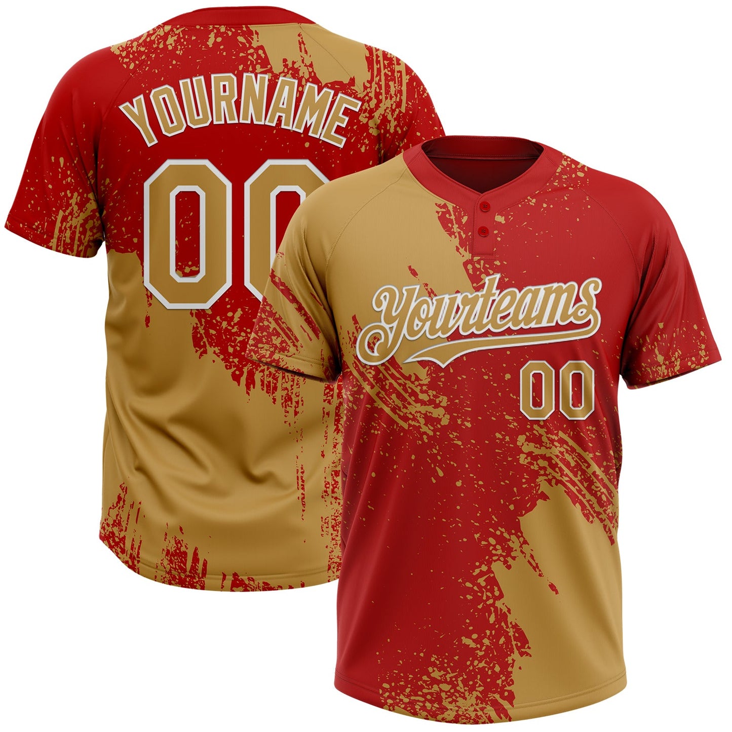 Custom Old Gold Red-White 3D Pattern Abstract Brush Stroke Two-Button Unisex Softball Jersey - Main View
