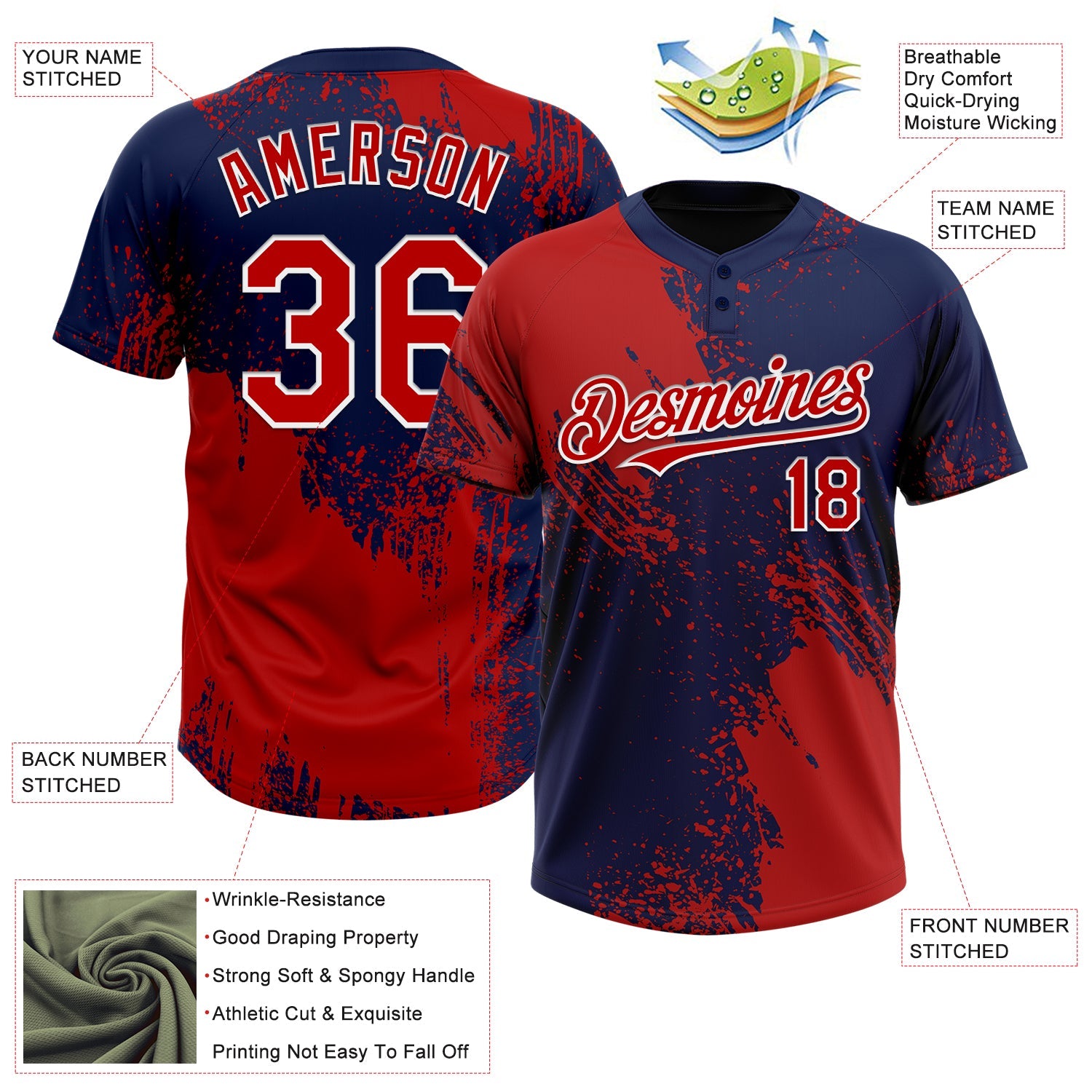 Custom Red Navy-White 3D Pattern Abstract Brush Stroke Two-Button Unisex Softball Jersey view 3