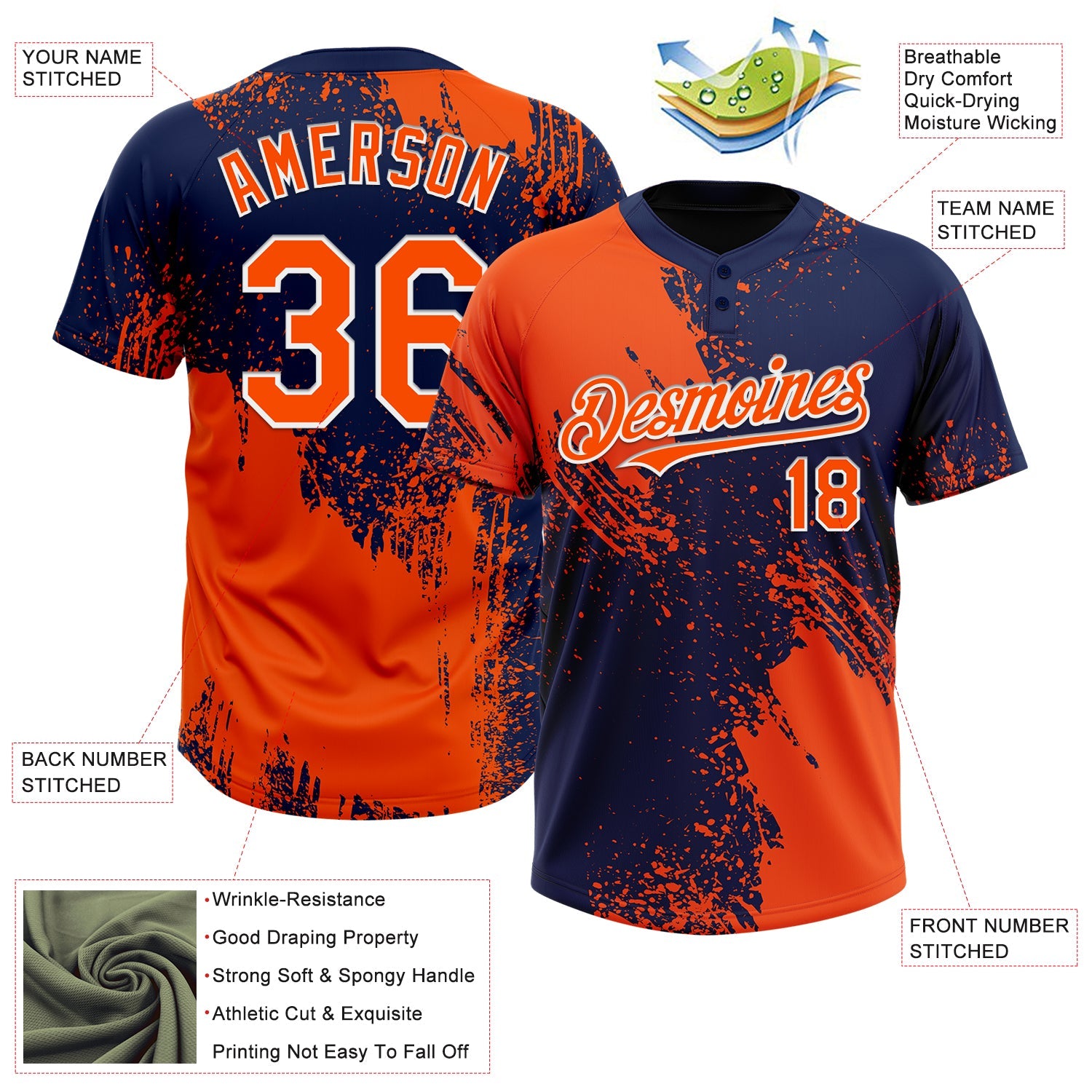 Custom Orange Navy-White 3D Pattern Abstract Brush Stroke Two-Button Unisex Softball Jersey view 3