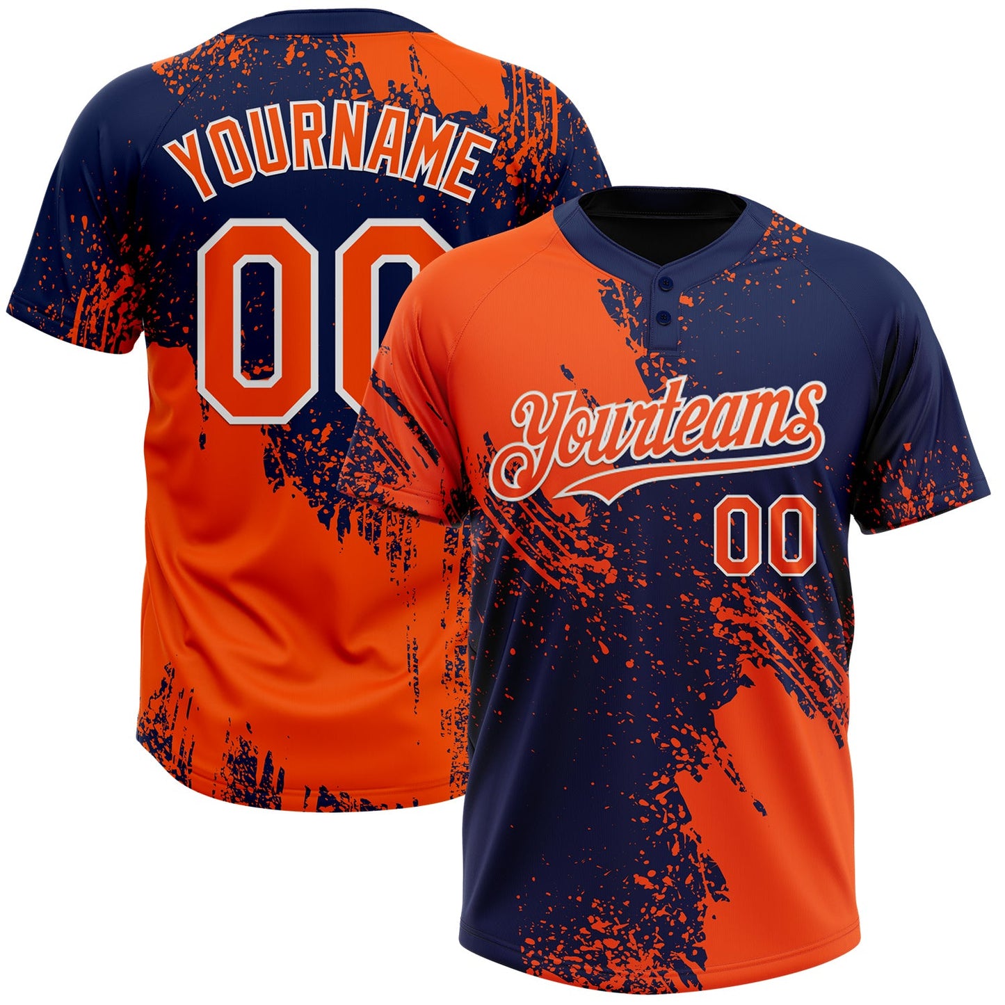 Custom Orange Navy-White 3D Pattern Abstract Brush Stroke Two-Button Unisex Softball Jersey - Main View