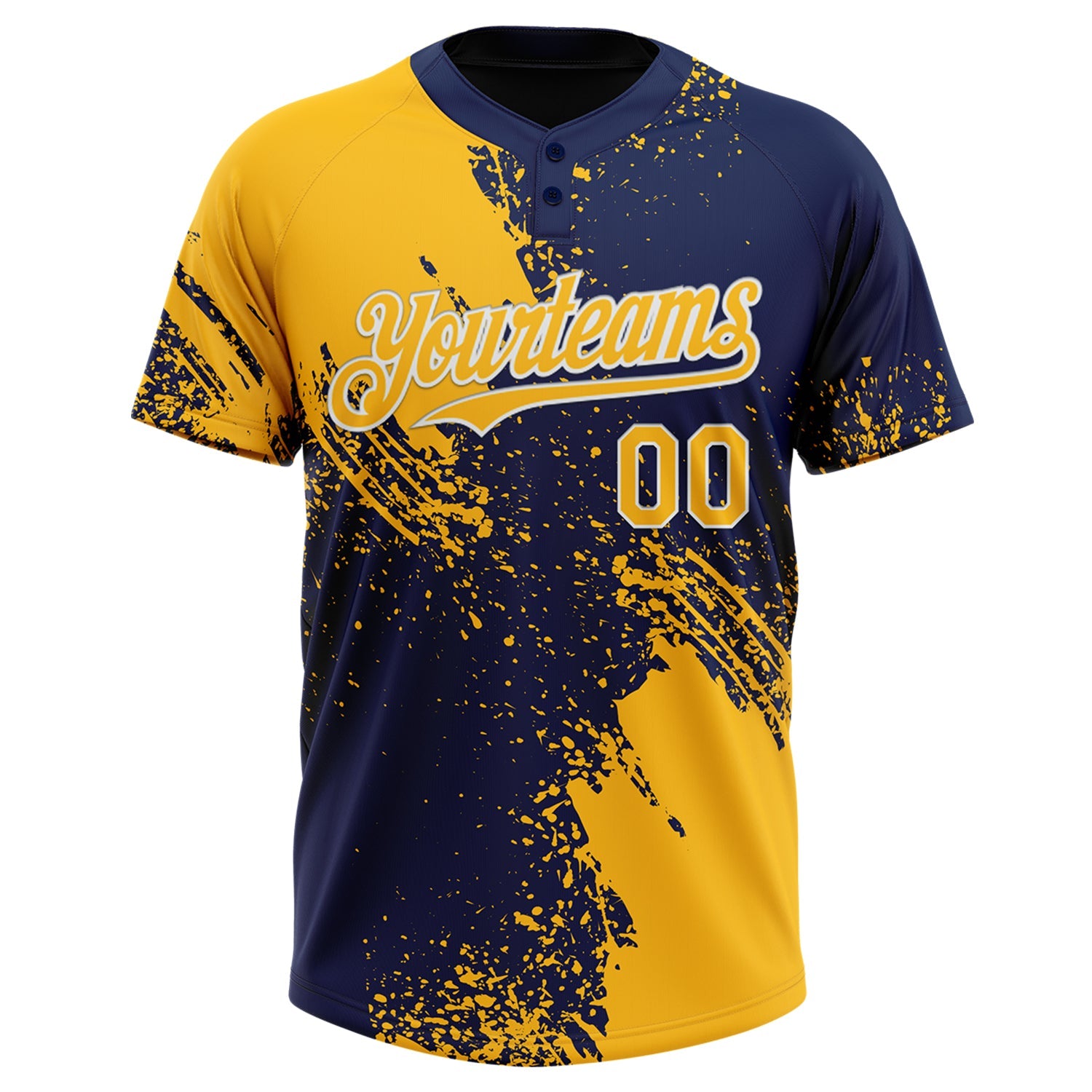 Custom Gold Navy-White 3D Pattern Abstract Brush Stroke Two-Button Unisex Softball Jersey view 2