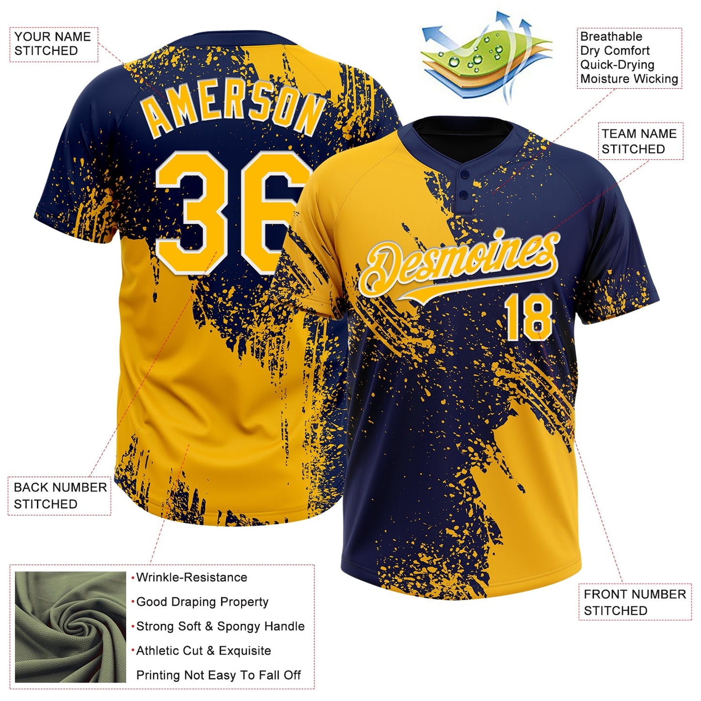 Custom Gold Navy-White 3D Pattern Abstract Brush Stroke Two-Button Unisex Softball Jersey view 3