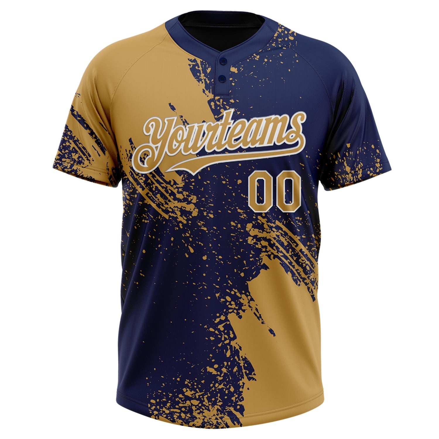 Custom Old Gold Navy-White 3D Pattern Abstract Brush Stroke Two-Button Unisex Softball Jersey view 2