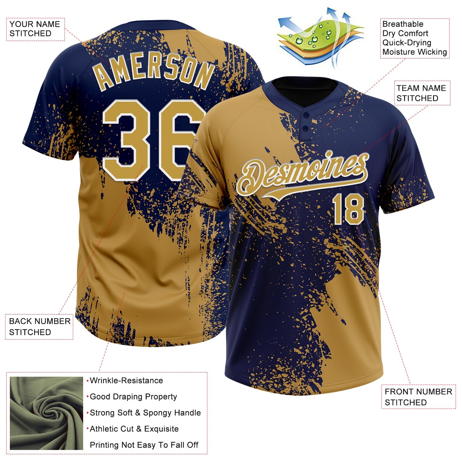 Custom Old Gold Navy-White 3D Pattern Abstract Brush Stroke Two-Button Unisex Softball Jersey view 3