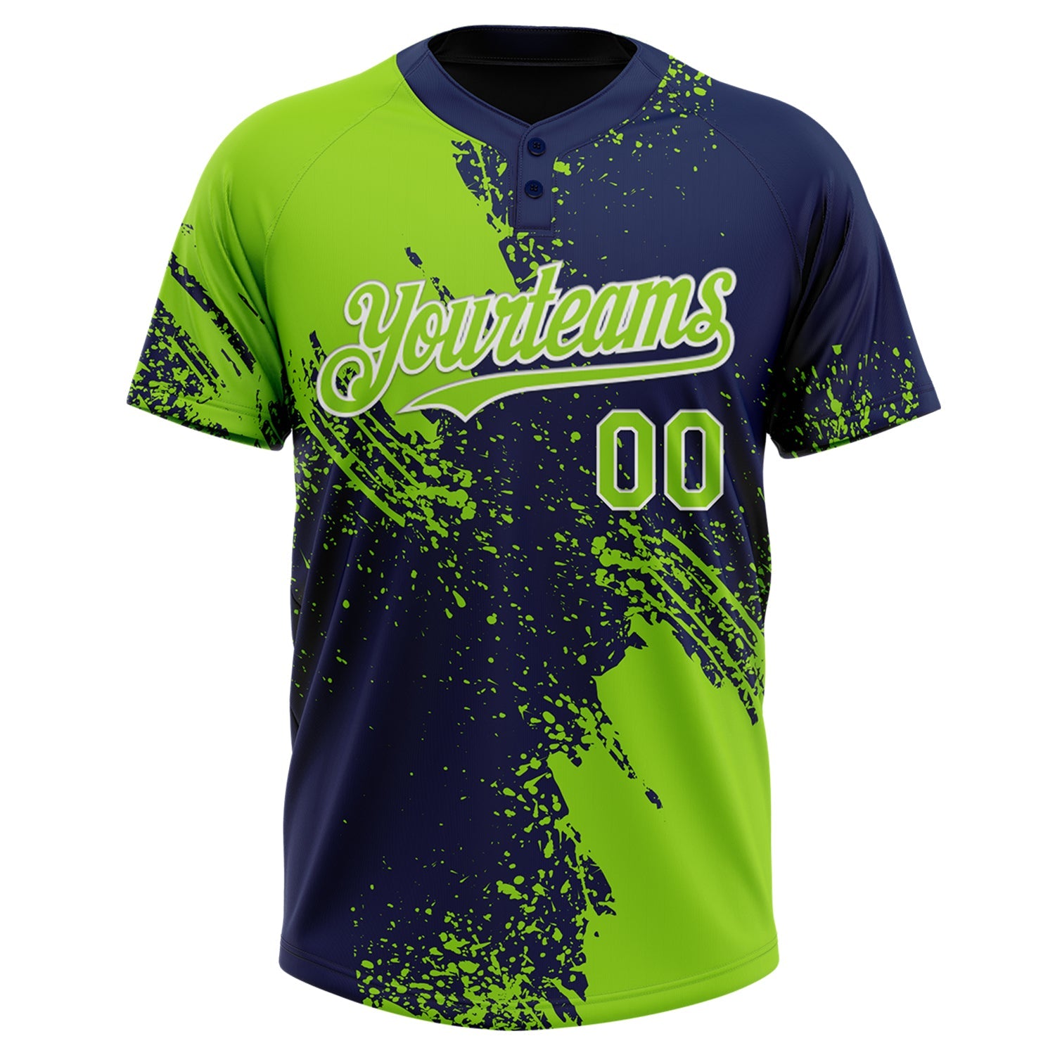 Custom Neon Green Navy-White 3D Pattern Abstract Brush Stroke Two-Button Unisex Softball Jersey view 2