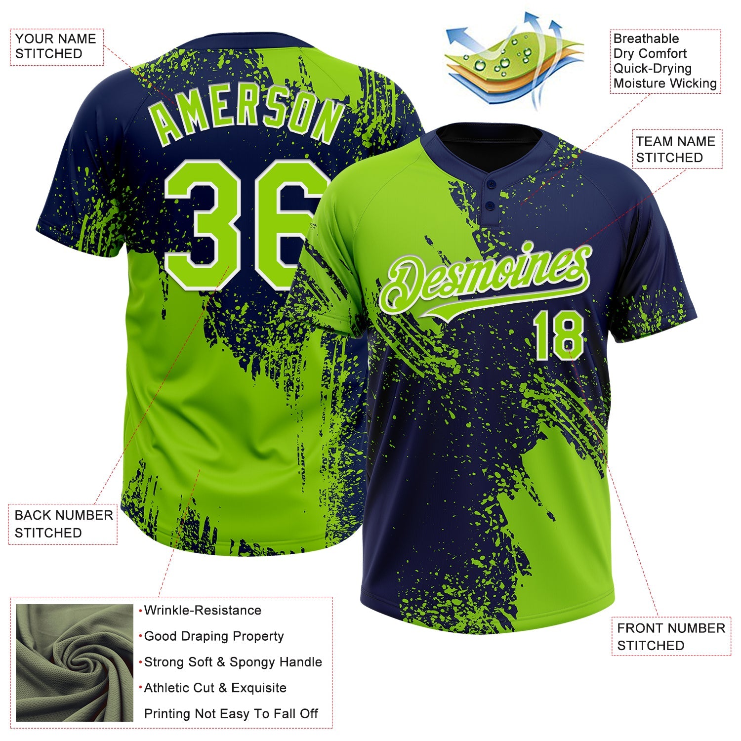 Custom Neon Green Navy-White 3D Pattern Abstract Brush Stroke Two-Button Unisex Softball Jersey view 3