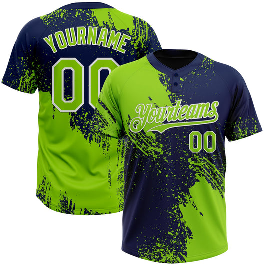 Custom Neon Green Navy-White 3D Pattern Abstract Brush Stroke Two-Button Unisex Softball Jersey - Main View