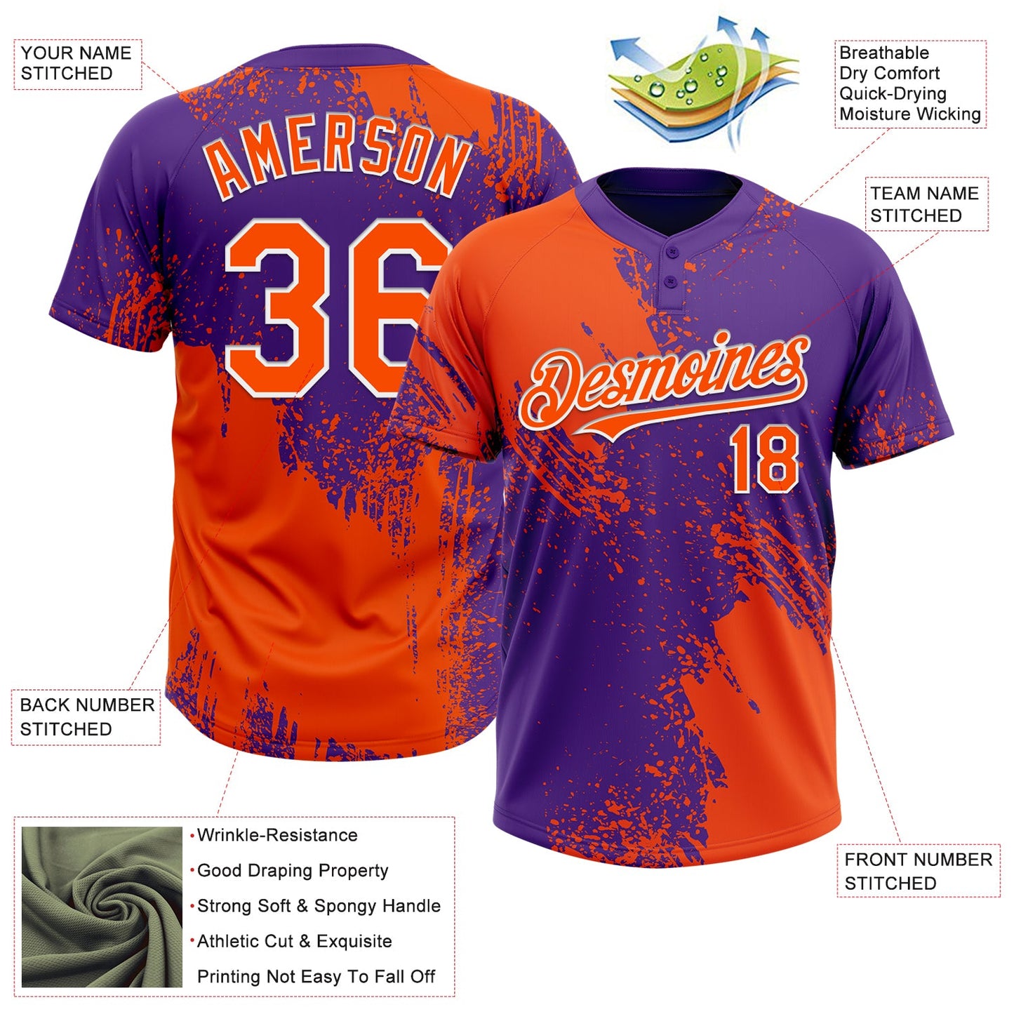 Custom Orange Purple-White 3D Pattern Abstract Brush Stroke Two-Button Unisex Softball Jersey view 3
