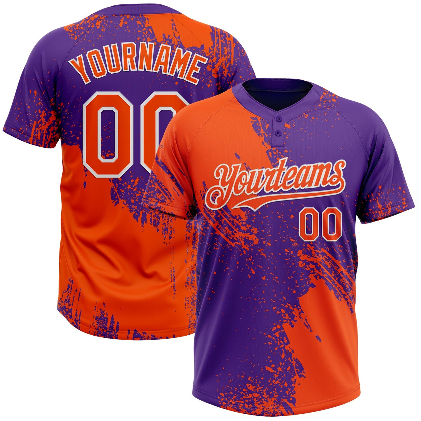 Custom Orange Purple-White 3D Pattern Abstract Brush Stroke Two-Button Unisex Softball Jersey - Main View