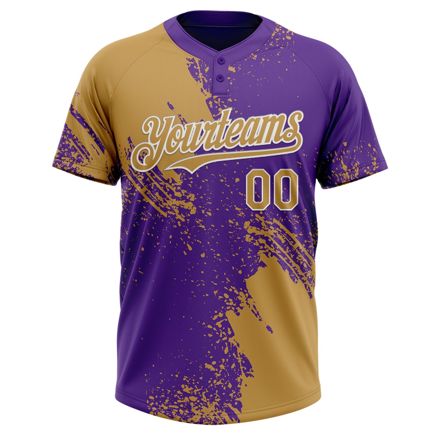 Custom Old Gold Purple-White 3D Pattern Abstract Brush Stroke Two-Button Unisex Softball Jersey view 2