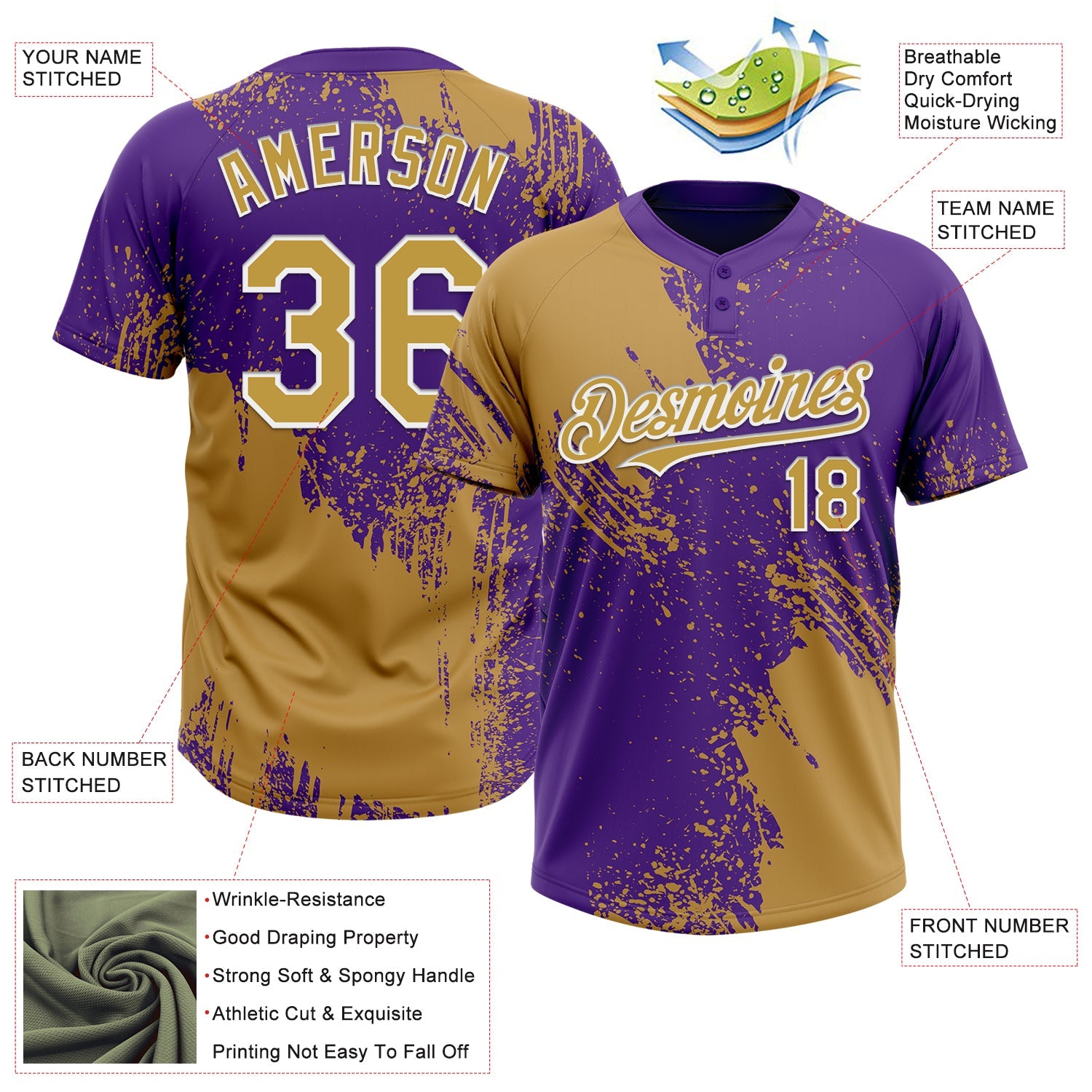 Custom Old Gold Purple-White 3D Pattern Abstract Brush Stroke Two-Button Unisex Softball Jersey view 3