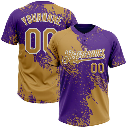 Custom Old Gold Purple-White 3D Pattern Abstract Brush Stroke Two-Button Unisex Softball Jersey - Main View