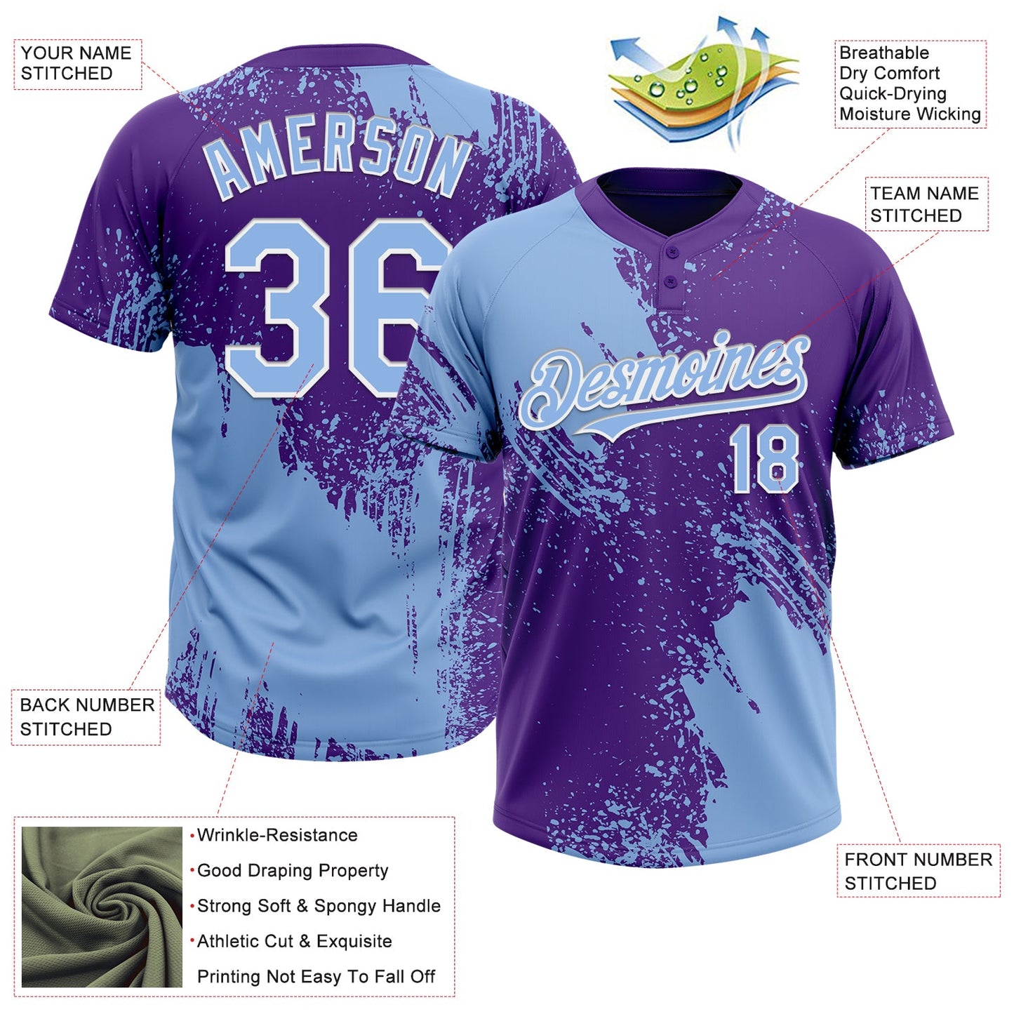 Custom Light Blue Purple-White 3D Pattern Abstract Brush Stroke Two-Button Unisex Softball Jersey view 3