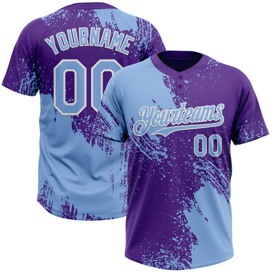 Custom Light Blue Purple-White 3D Pattern Abstract Brush Stroke Two-Button Unisex Softball Jersey - Main View