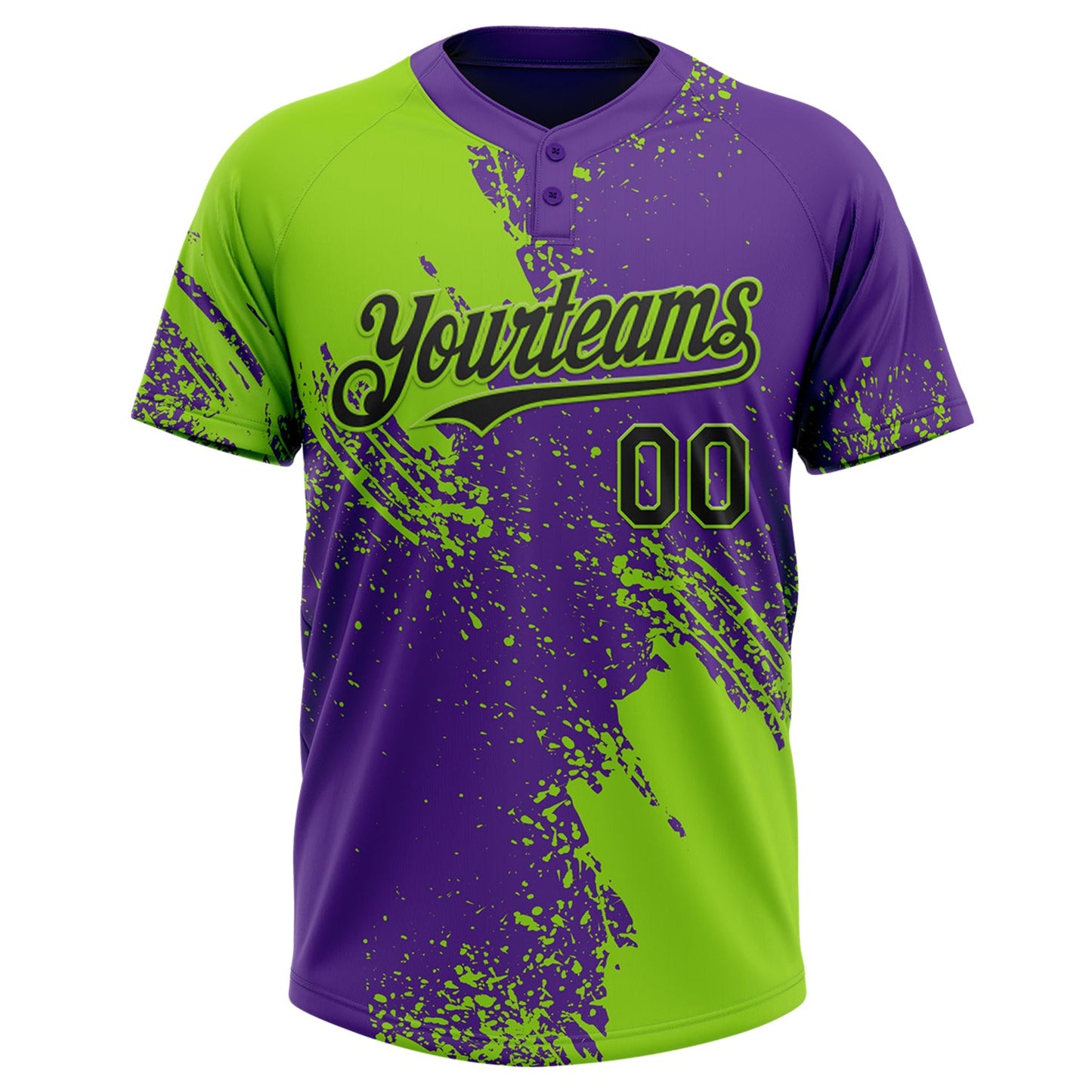 Custom Neon Green Black-Purple 3D Pattern Abstract Brush Stroke Two-Button Unisex Softball Jersey view 2