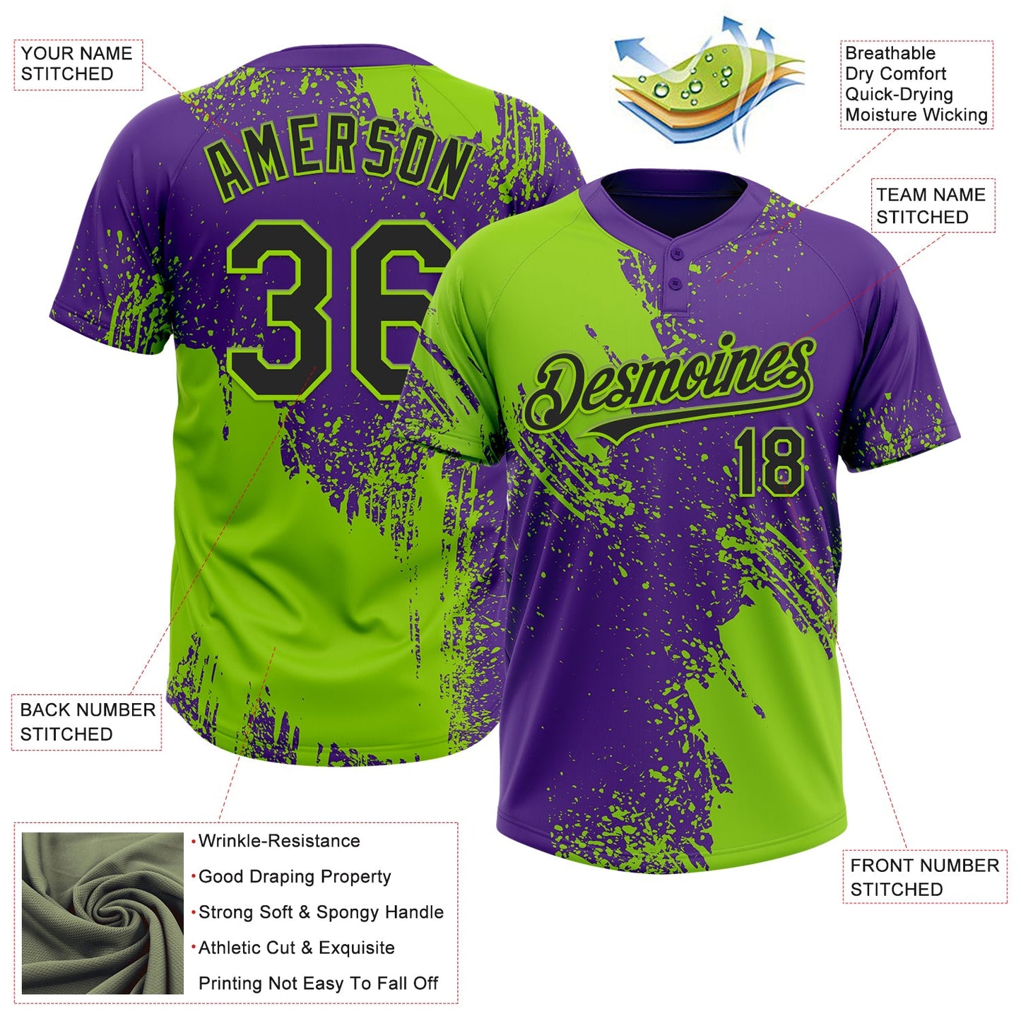 Custom Neon Green Black-Purple 3D Pattern Abstract Brush Stroke Two-Button Unisex Softball Jersey view 3