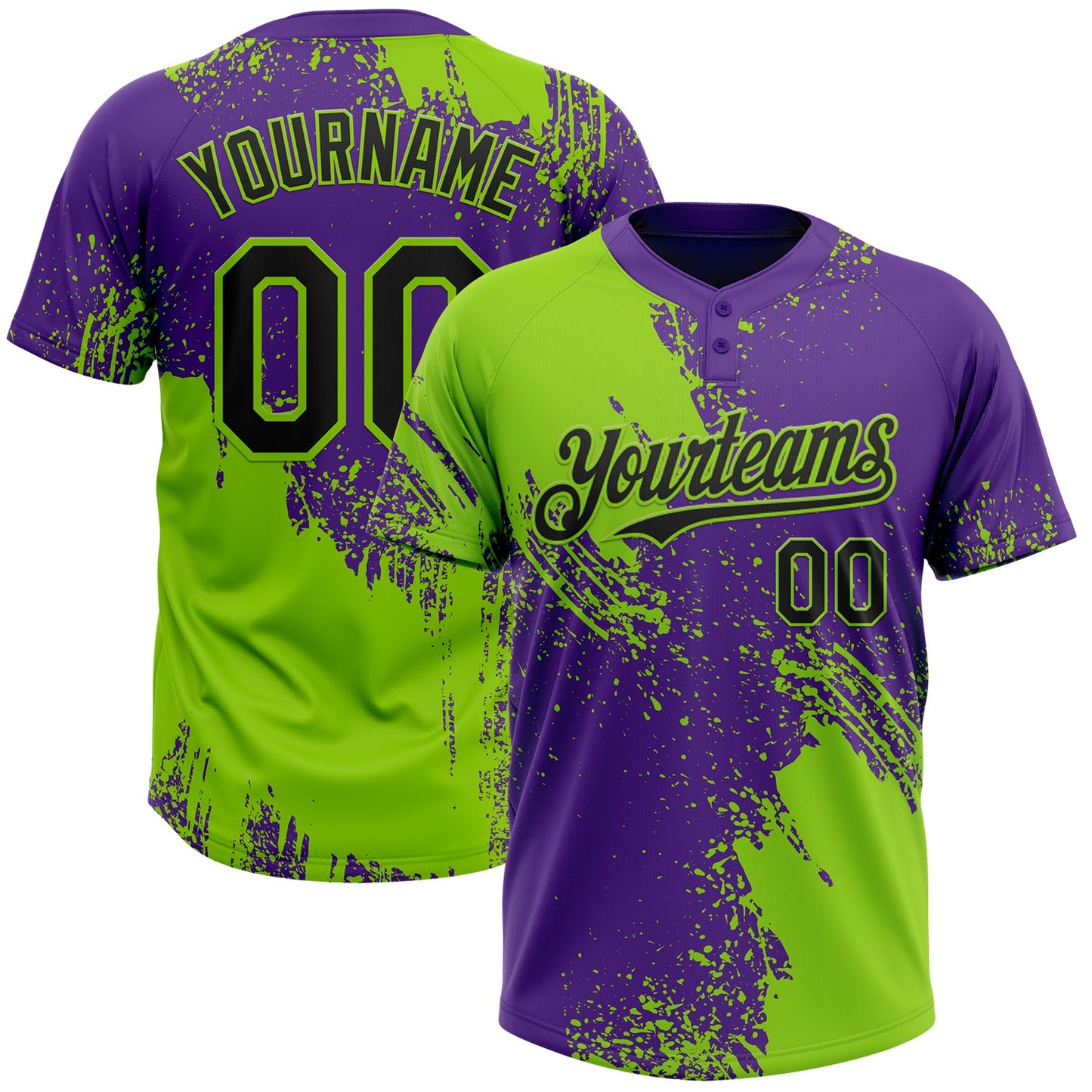 Custom Neon Green Black-Purple 3D Pattern Abstract Brush Stroke Two-Button Unisex Softball Jersey - Main View