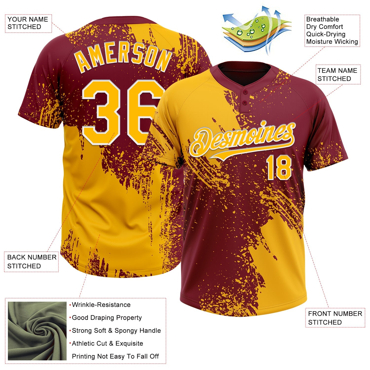 Custom Gold Crimson-White 3D Pattern Abstract Brush Stroke Two-Button Unisex Softball Jersey view 3
