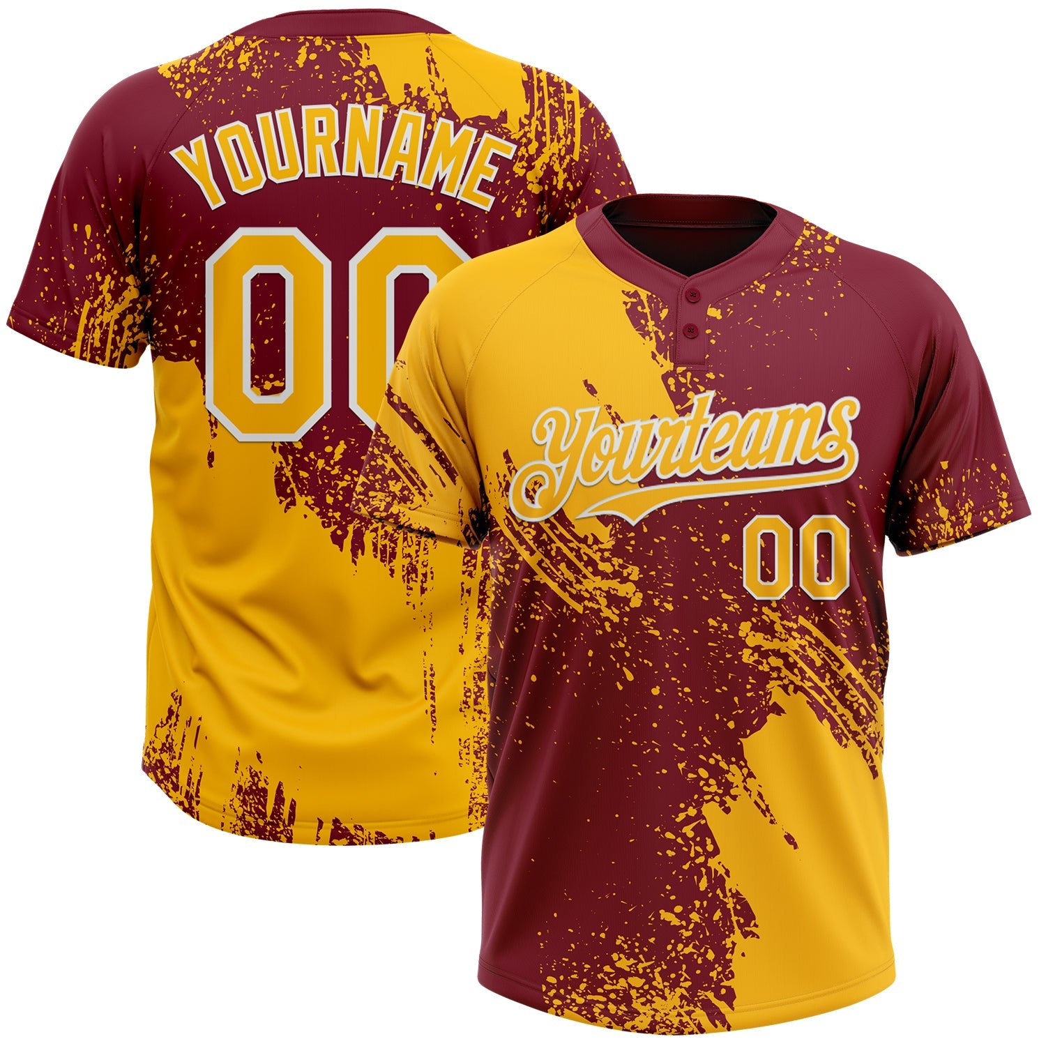 Custom Gold Crimson-White 3D Pattern Abstract Brush Stroke Two-Button Unisex Softball Jersey - Main View