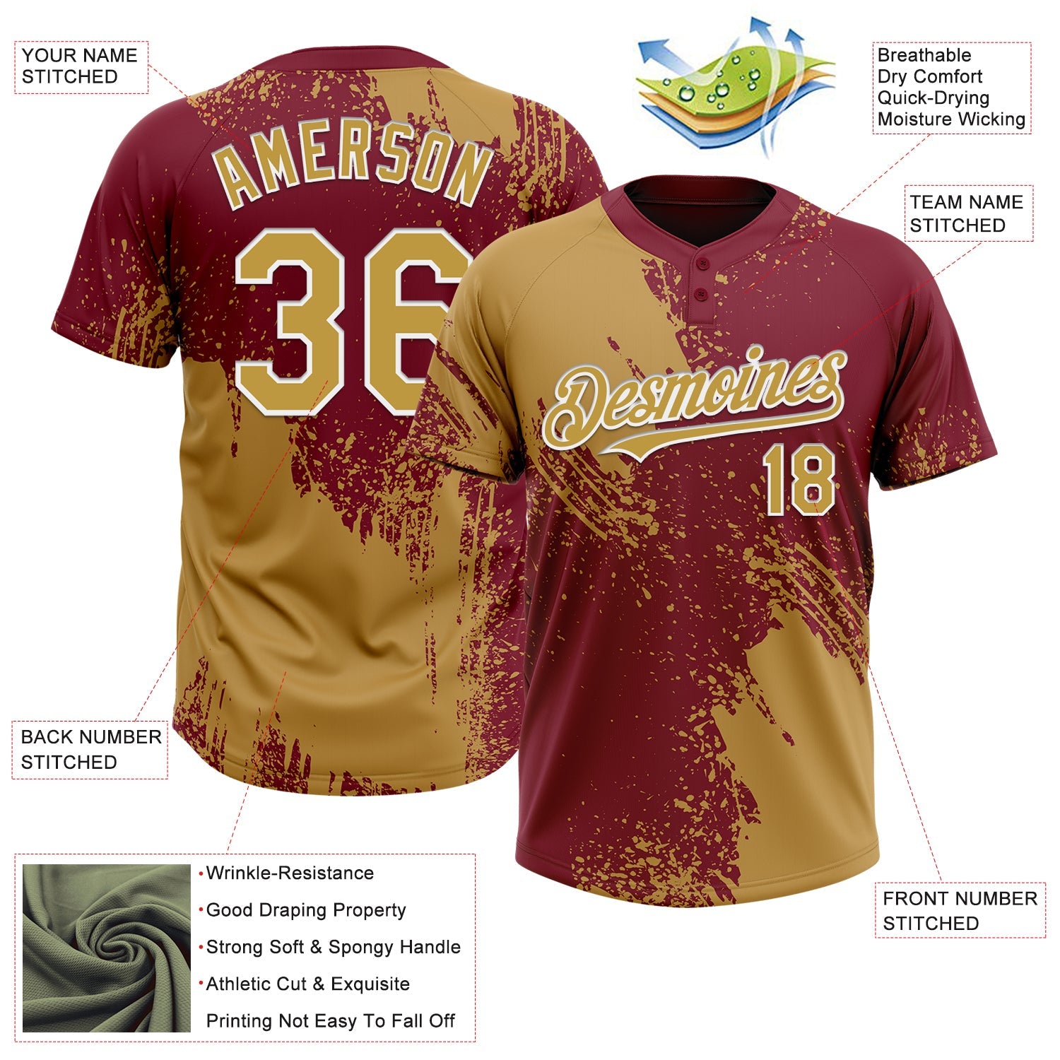 Custom Old Gold Crimson-White 3D Pattern Abstract Brush Stroke Two-Button Unisex Softball Jersey view 3