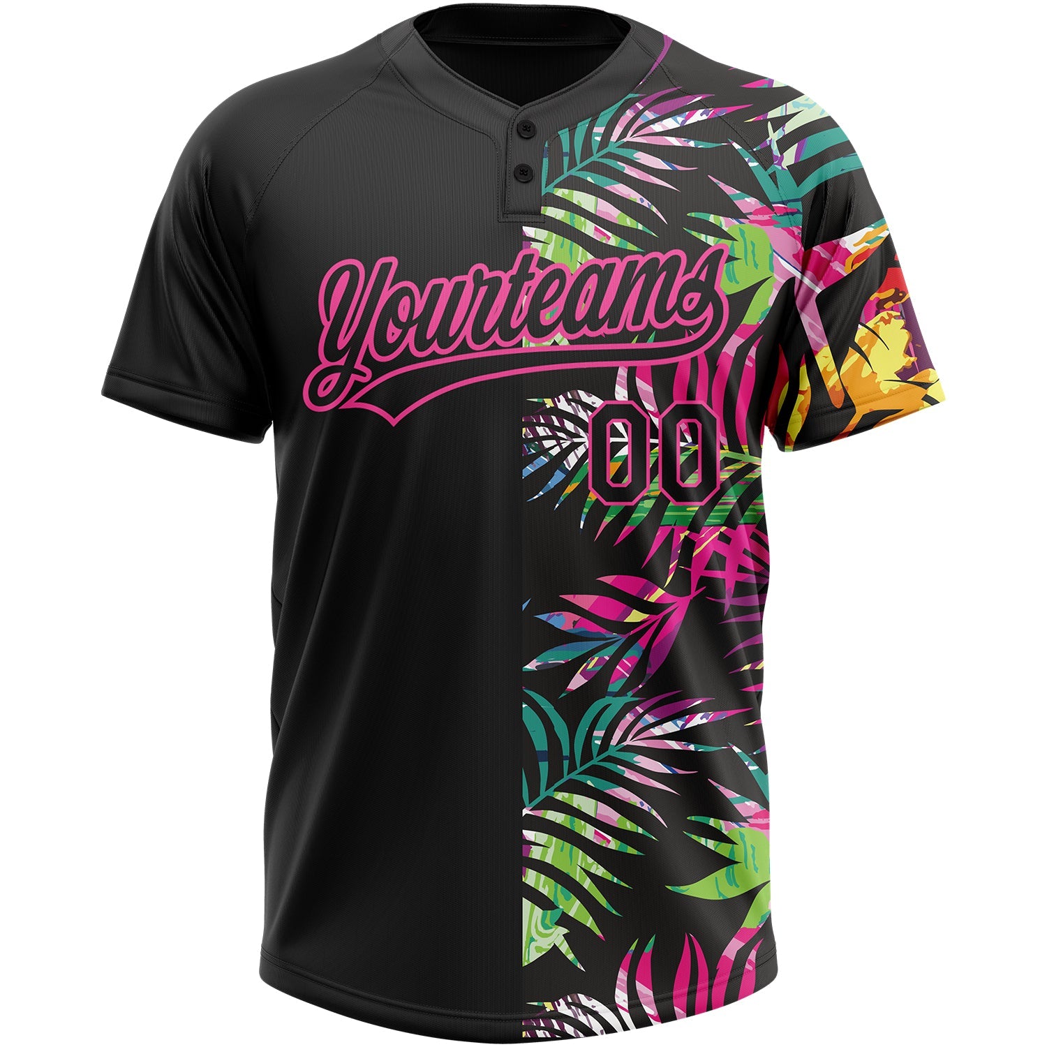 Custom Black Pink 3D Pattern Hawaii Tropical Palm Leaves Two-Button Unisex Softball Jersey view 2