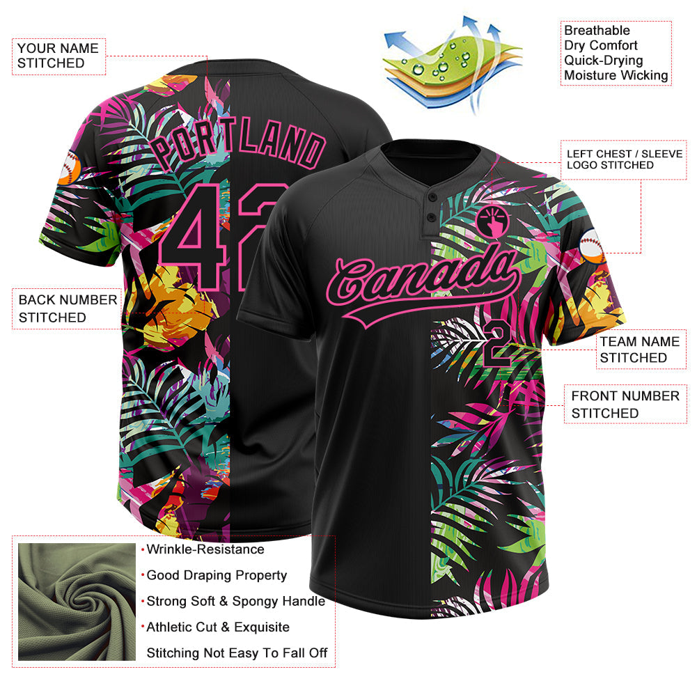 Custom Black Pink 3D Pattern Hawaii Tropical Palm Leaves Two-Button Unisex Softball Jersey view 3