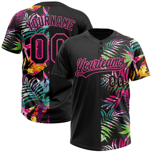 Custom Black Pink 3D Pattern Hawaii Tropical Palm Leaves Two-Button Unisex Softball Jersey - Main View