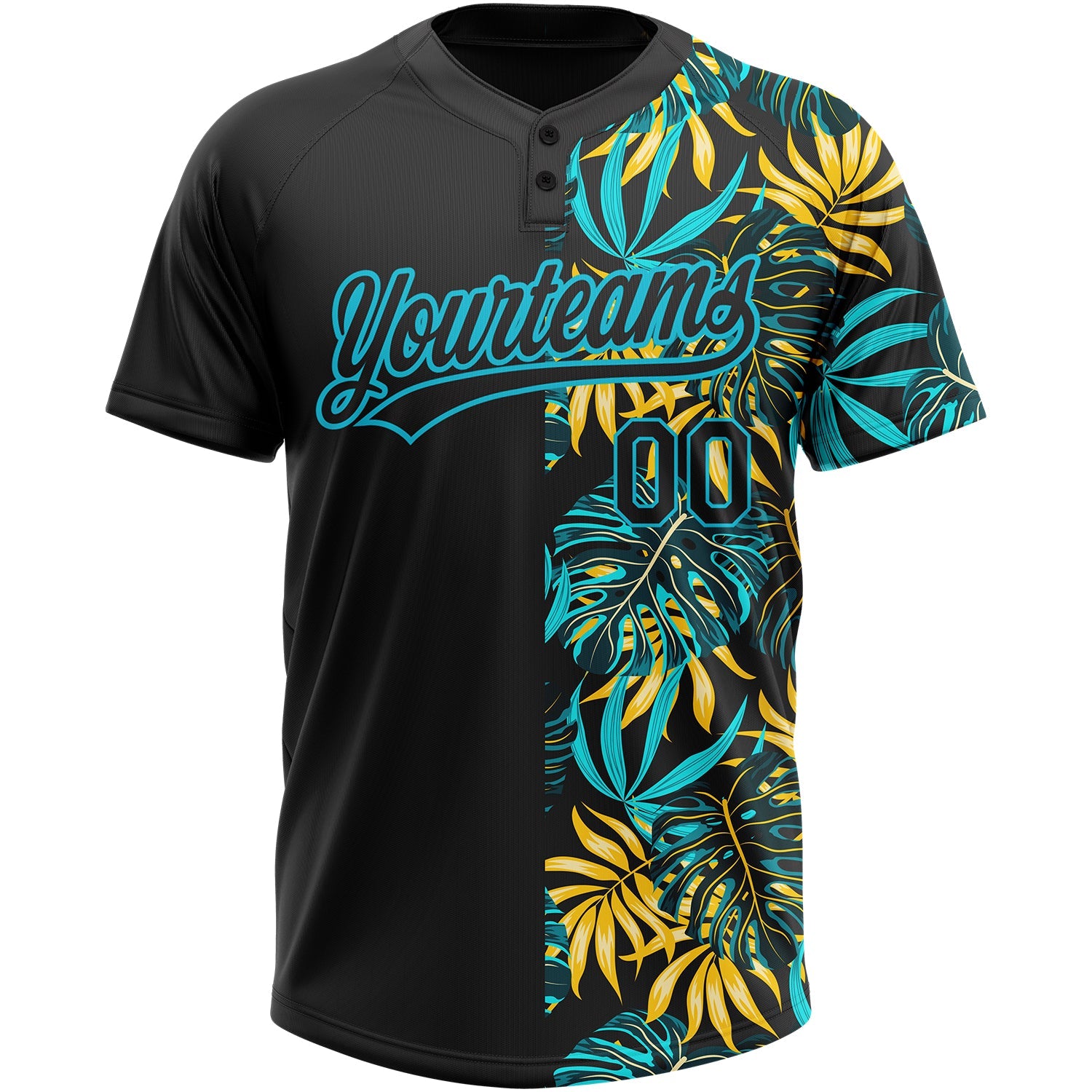 Custom Black Lakes Blue 3D Pattern Hawaii Tropical Palm Leaves Two-Button Unisex Softball Jersey view 2