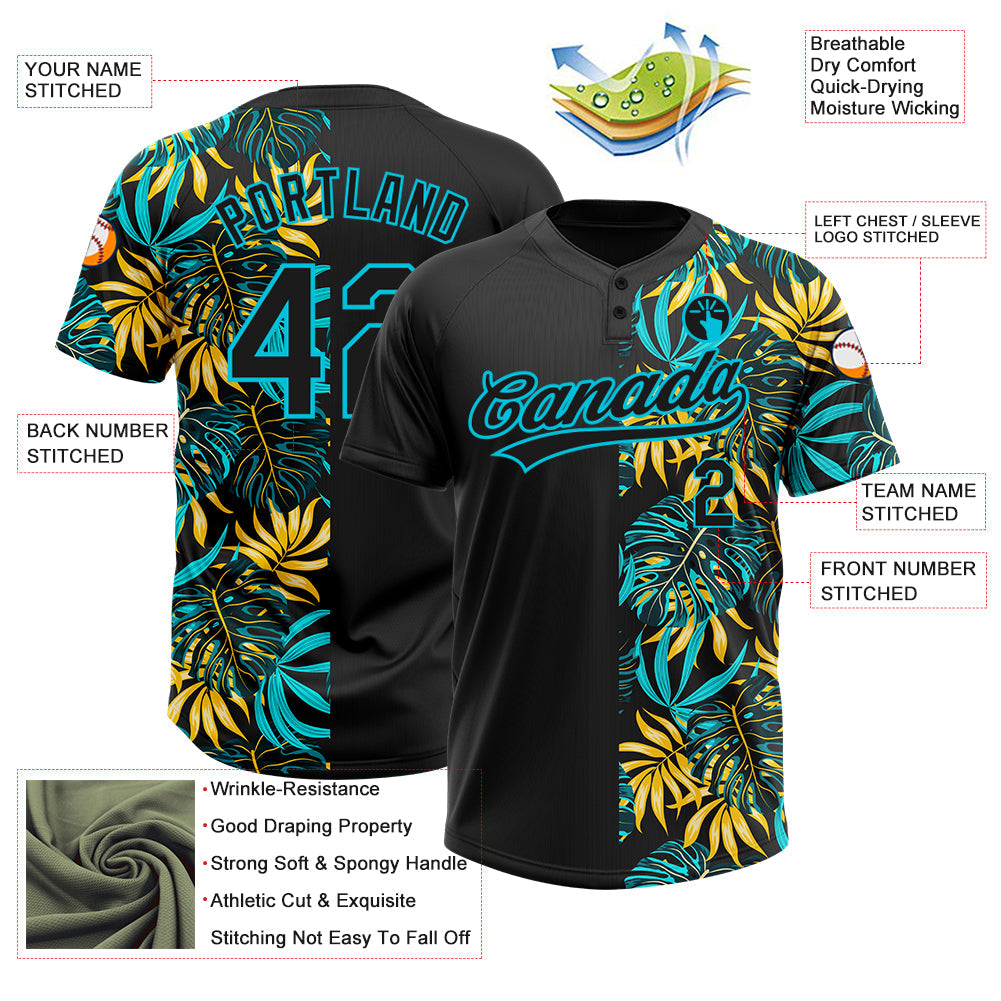 Custom Black Lakes Blue 3D Pattern Hawaii Tropical Palm Leaves Two-Button Unisex Softball Jersey view 3