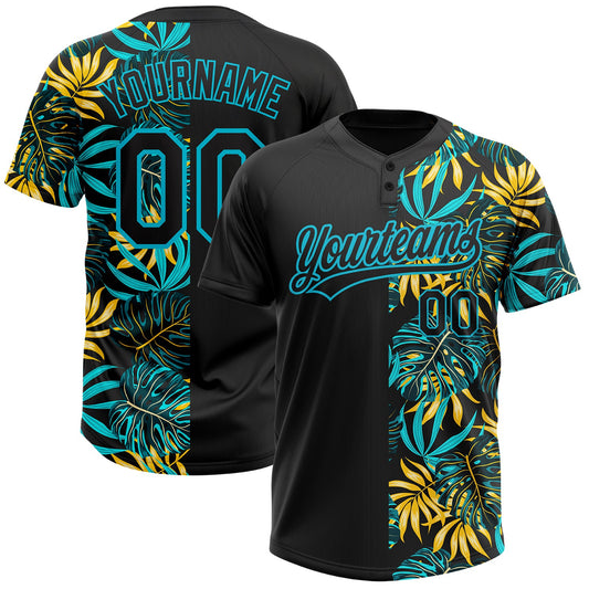 Custom Black Lakes Blue 3D Pattern Hawaii Tropical Palm Leaves Two-Button Unisex Softball Jersey - Main View