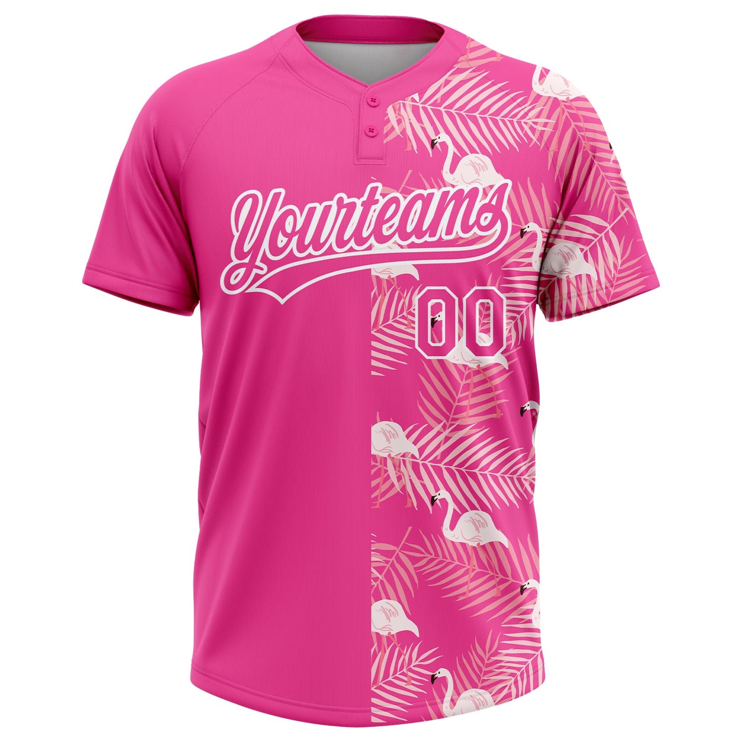 Custom Pink White 3D Pattern Tropical Palm Leaves And Famingo Two-Button Unisex Softball Jersey view 2