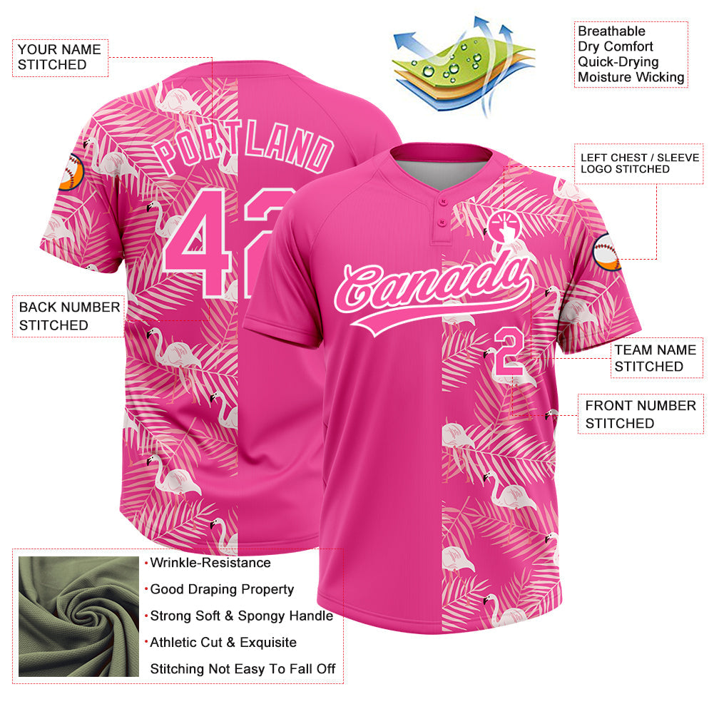 Custom Pink White 3D Pattern Tropical Palm Leaves And Famingo Two-Button Unisex Softball Jersey view 3