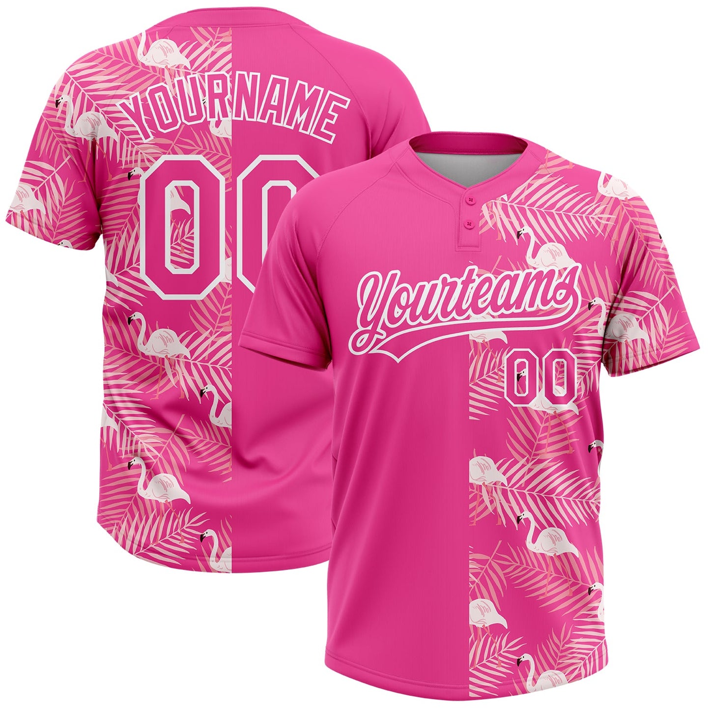 Custom Pink White 3D Pattern Tropical Palm Leaves And Famingo Two-Button Unisex Softball Jersey - Main View