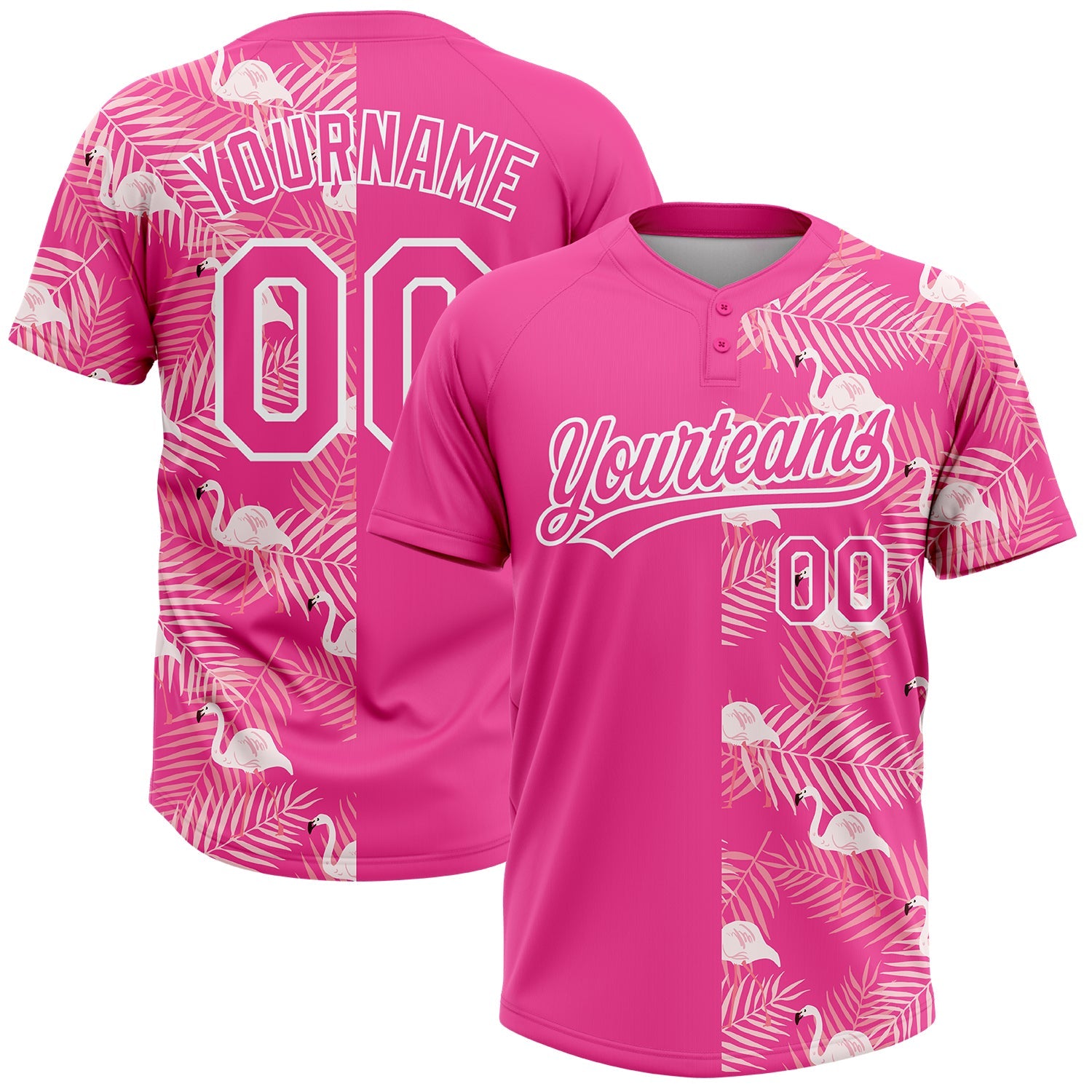 Custom Pink White 3D Pattern Tropical Palm Leaves And Famingo Two-Button Unisex Softball Jersey - Main View