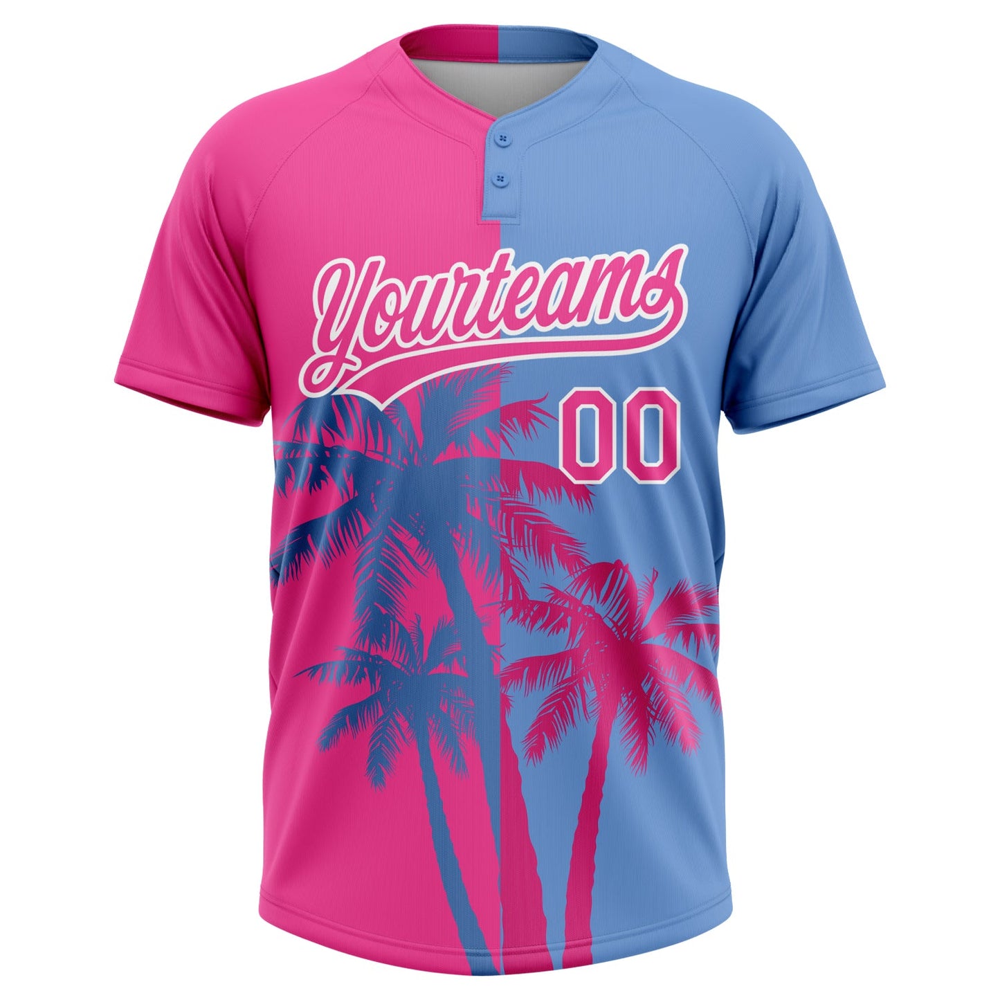 Custom Pink Light Blue-White 3D Pattern Hawaii Coconut Trees Two-Button Unisex Softball Jersey view 2