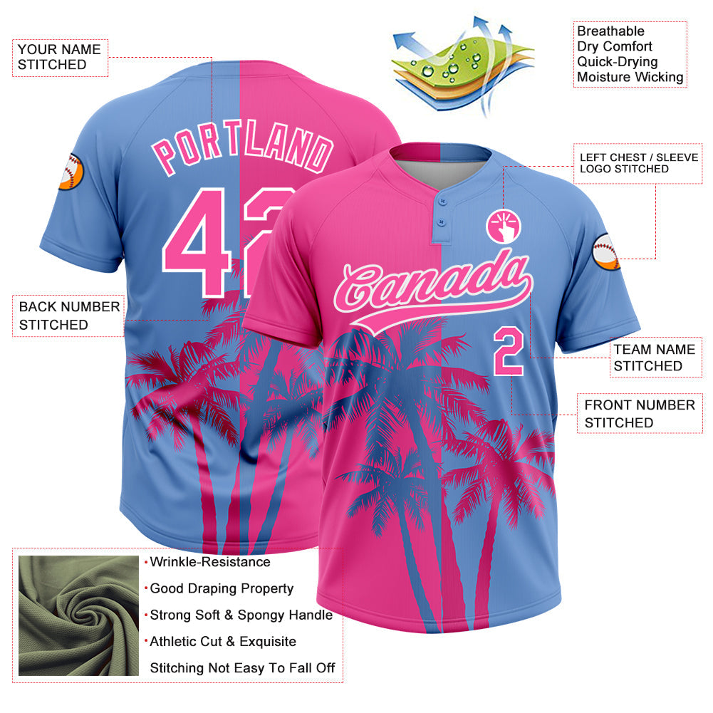 Custom Pink Light Blue-White 3D Pattern Hawaii Coconut Trees Two-Button Unisex Softball Jersey view 3