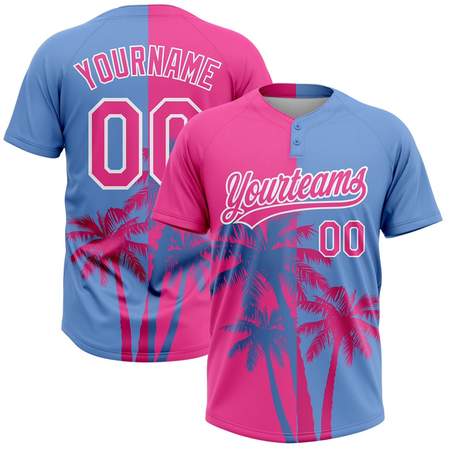 Custom Pink Light Blue-White 3D Pattern Hawaii Coconut Trees Two-Button Unisex Softball Jersey - Main View