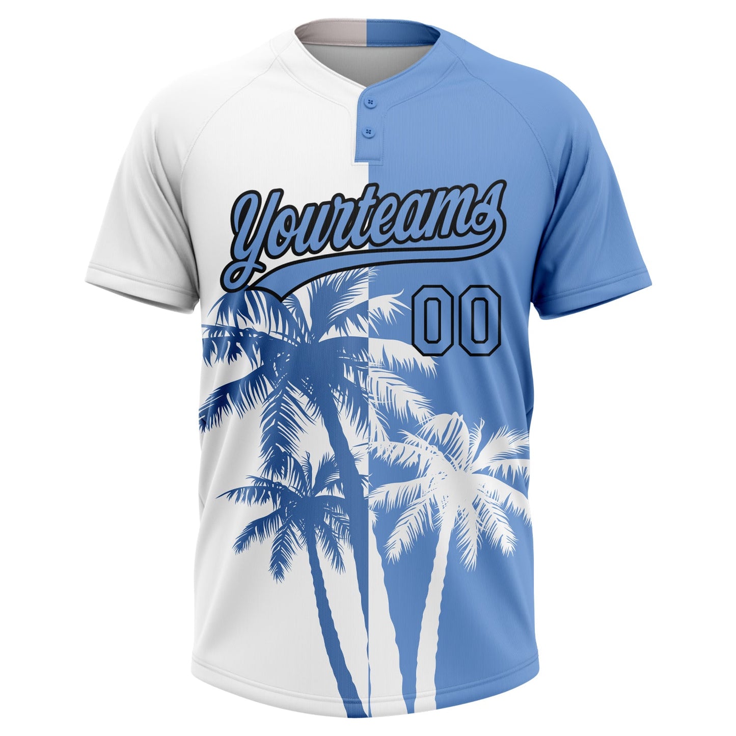 Custom White Light Blue-Black 3D Pattern Hawaii Coconut Trees Two-Button Unisex Softball Jersey view 2