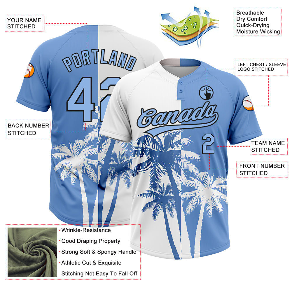 Custom White Light Blue-Black 3D Pattern Hawaii Coconut Trees Two-Button Unisex Softball Jersey view 3