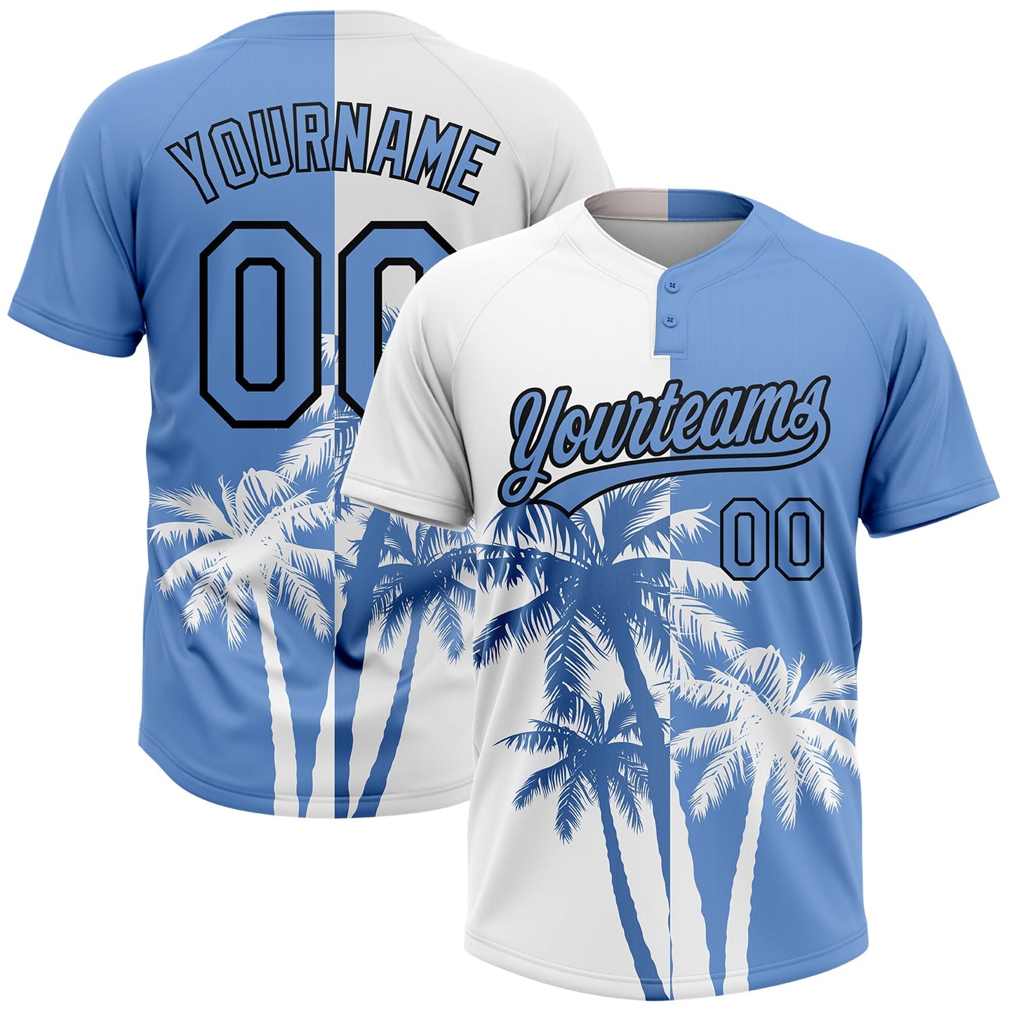 Custom White Light Blue-Black 3D Pattern Hawaii Coconut Trees Two-Button Unisex Softball Jersey - Main View
