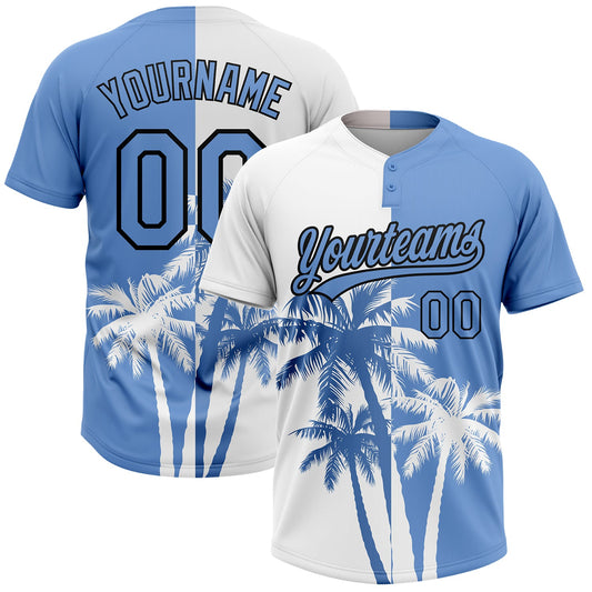 Custom White Light Blue-Black 3D Pattern Hawaii Coconut Trees Two-Button Unisex Softball Jersey - Main View