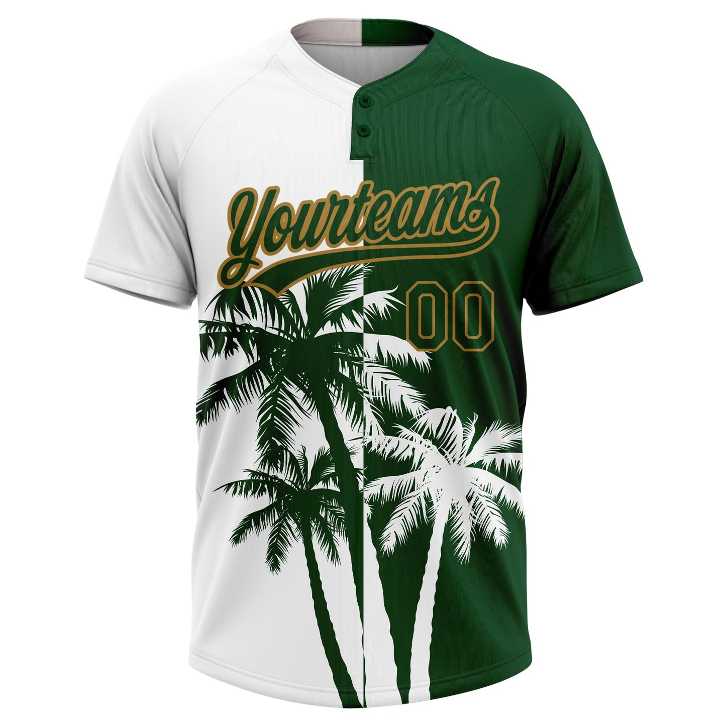 Custom White Green-Old Gold 3D Pattern Hawaii Coconut Trees Two-Button Unisex Softball Jersey view 2