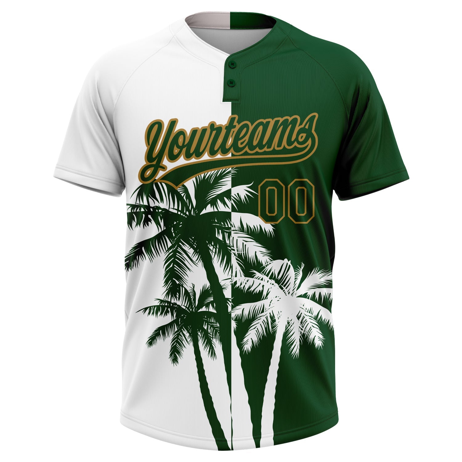 Custom White Green-Old Gold 3D Pattern Hawaii Coconut Trees Two-Button Unisex Softball Jersey view 2