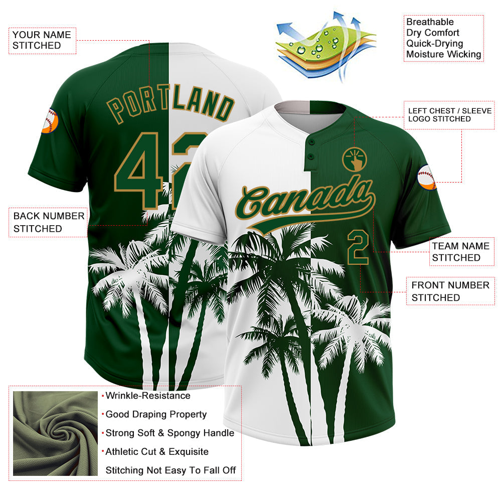 Custom White Green-Old Gold 3D Pattern Hawaii Coconut Trees Two-Button Unisex Softball Jersey view 3