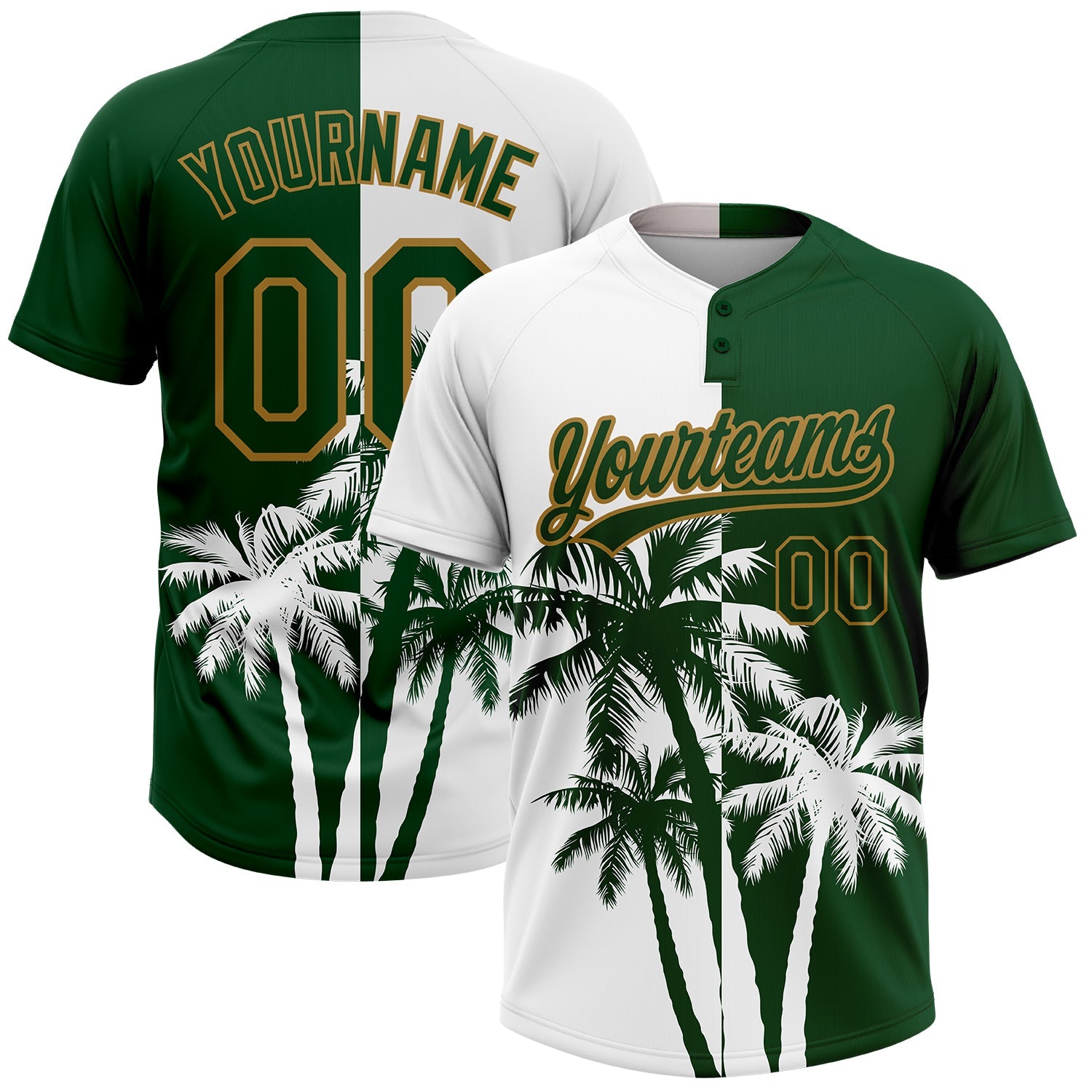 Custom White Green-Old Gold 3D Pattern Hawaii Coconut Trees Two-Button Unisex Softball Jersey - Main View