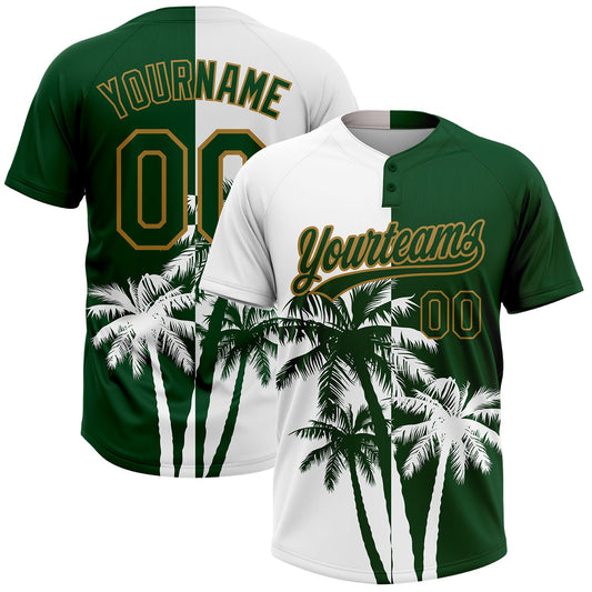 Custom White Green-Old Gold 3D Pattern Hawaii Coconut Trees Two-Button Unisex Softball Jersey - Main View