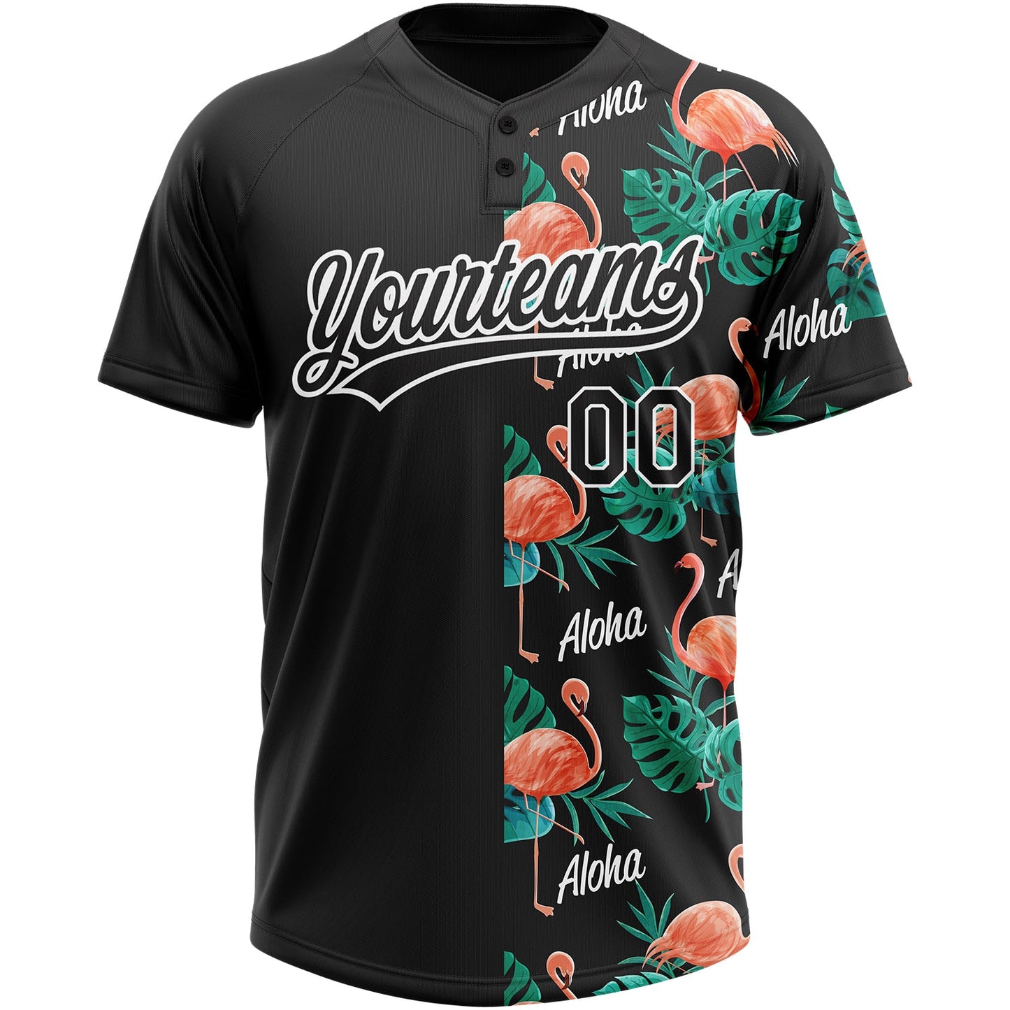 Custom Black White 3D Pattern Hawaii Flamingos And Leaves Two-Button Unisex Softball Jersey view 2